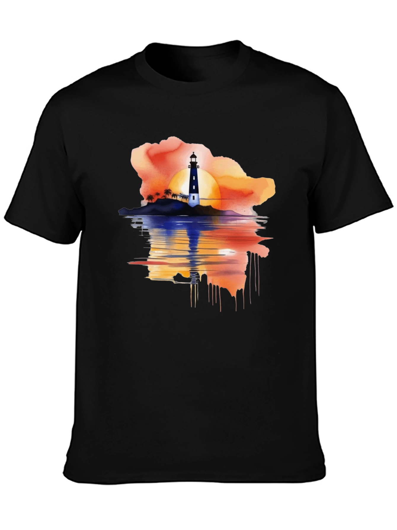 Sunset Lighthouse Graphic Tee - Black Casual T-Shirt