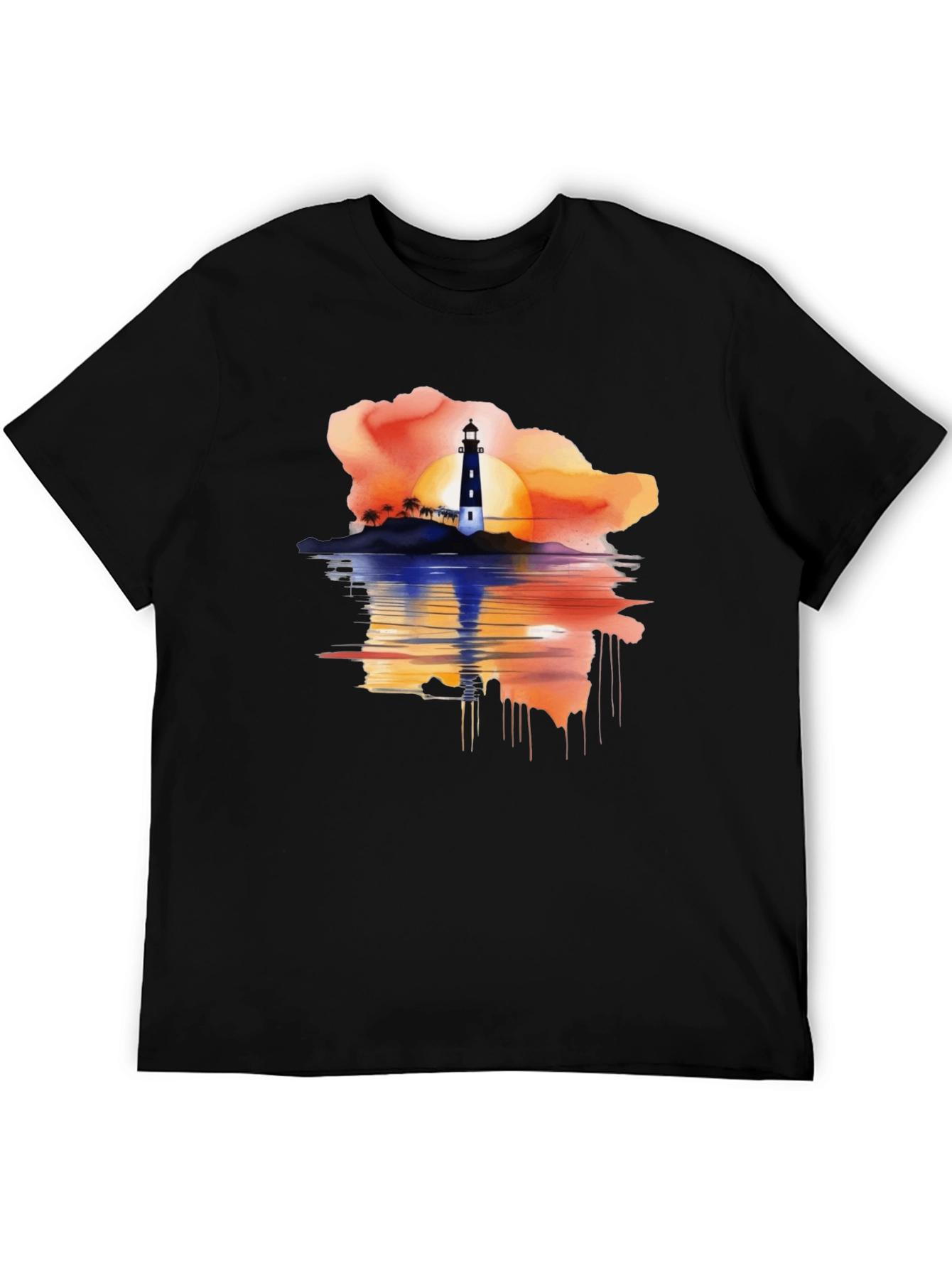 Sunset Lighthouse Graphic Tee - Black Casual T-Shirt