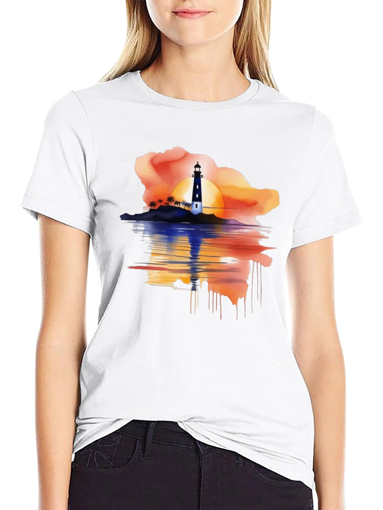 Sunset Lighthouse Graphic Tee - Black Casual T-Shirt