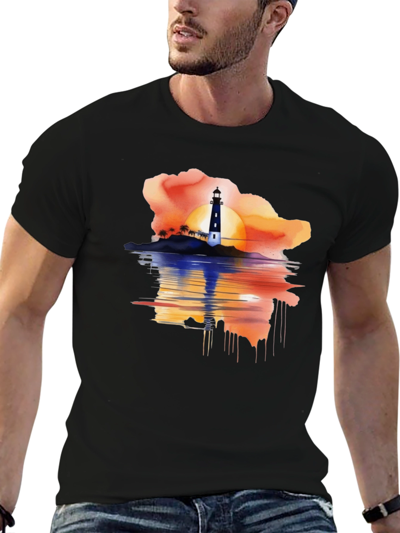 Sunset Lighthouse Graphic Tee - Black Casual T-Shirt