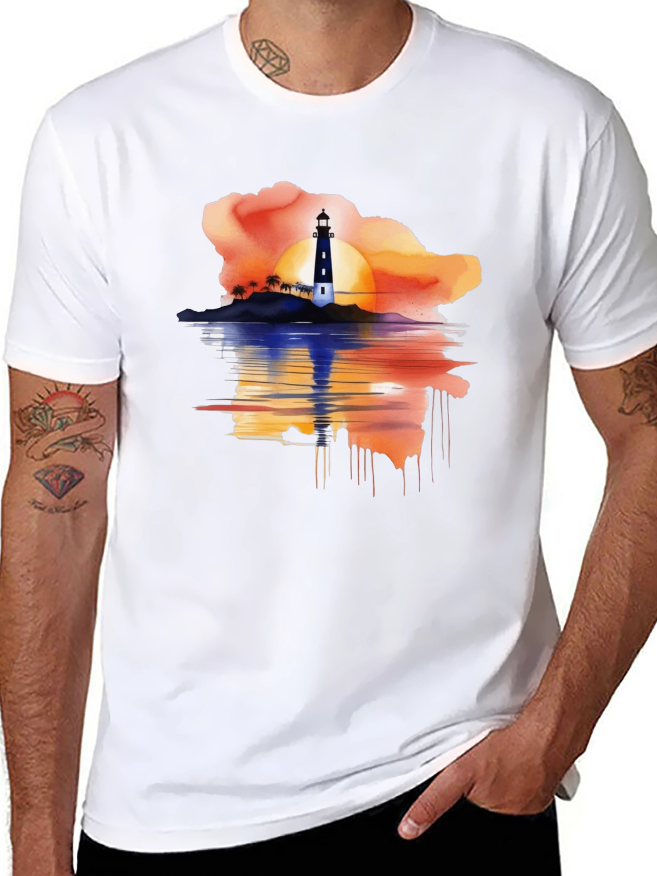 Sunset Lighthouse Graphic Tee - Black Casual T-Shirt