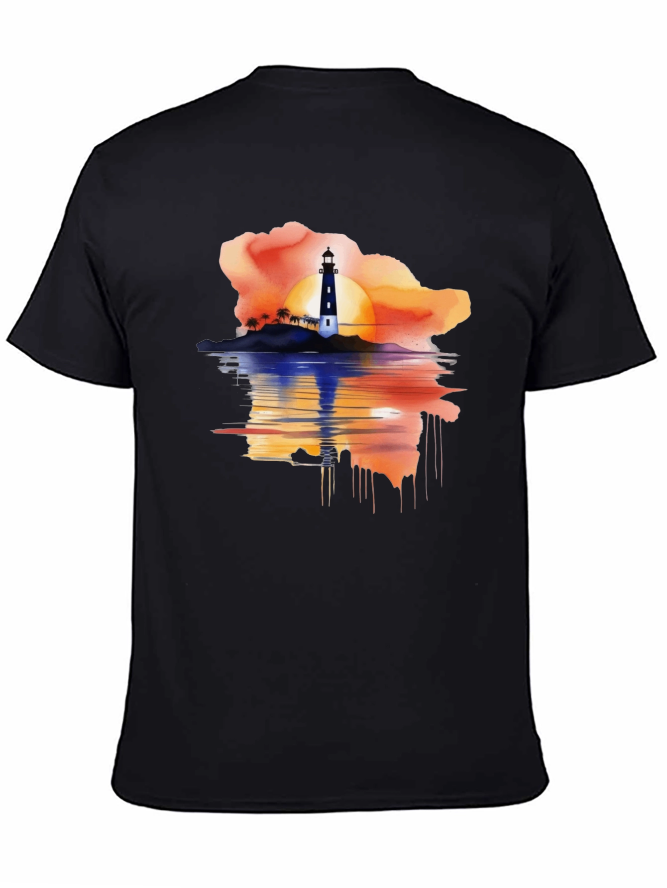 Sunset Lighthouse Graphic Tee - Black Casual T-Shirt