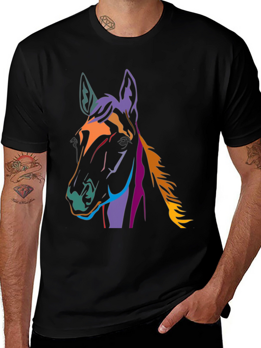 Colorful Horse Graphic Tee - Black Cotton Blend