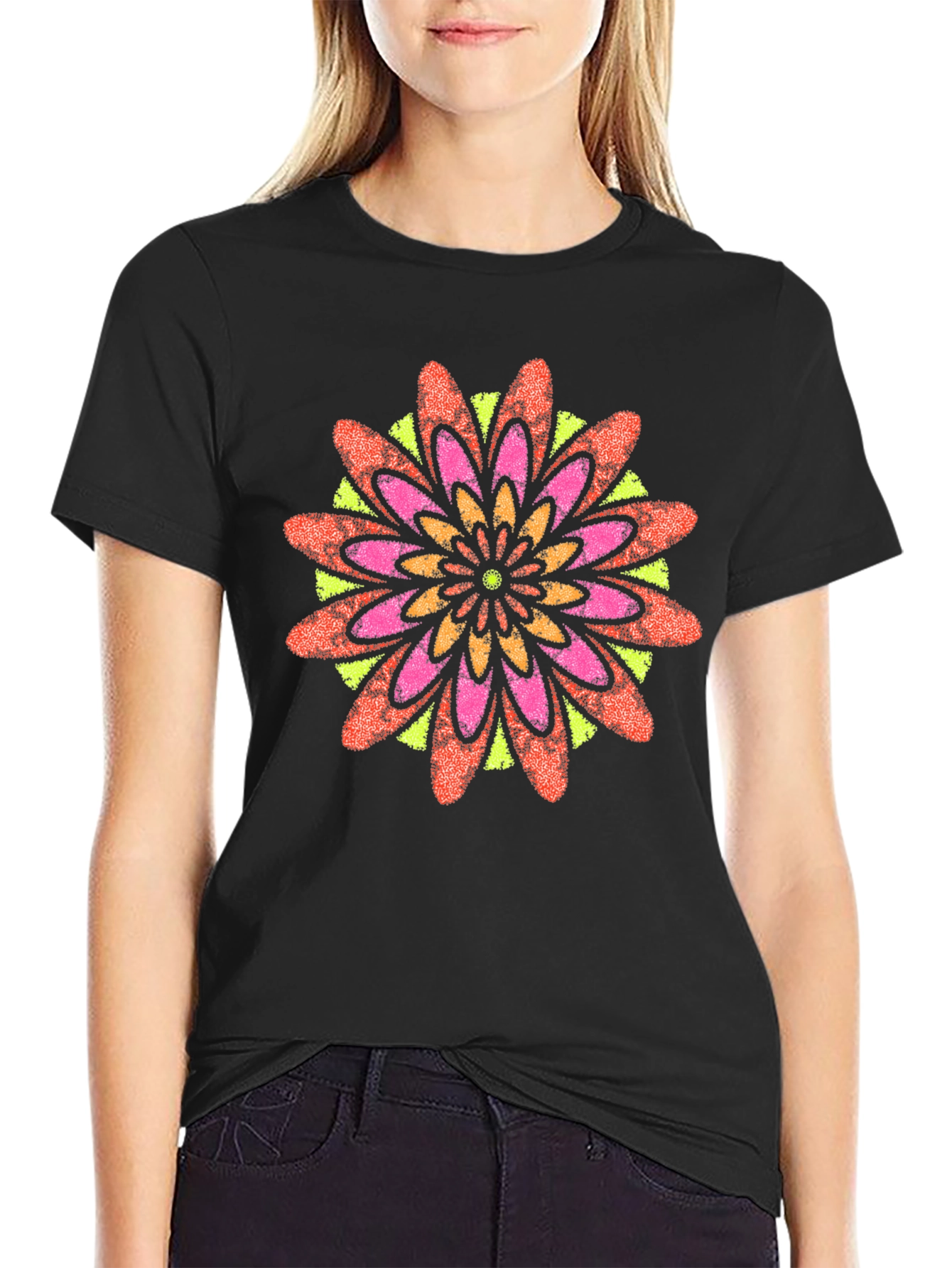 Vibrant Floral Mandala Black T-Shirt