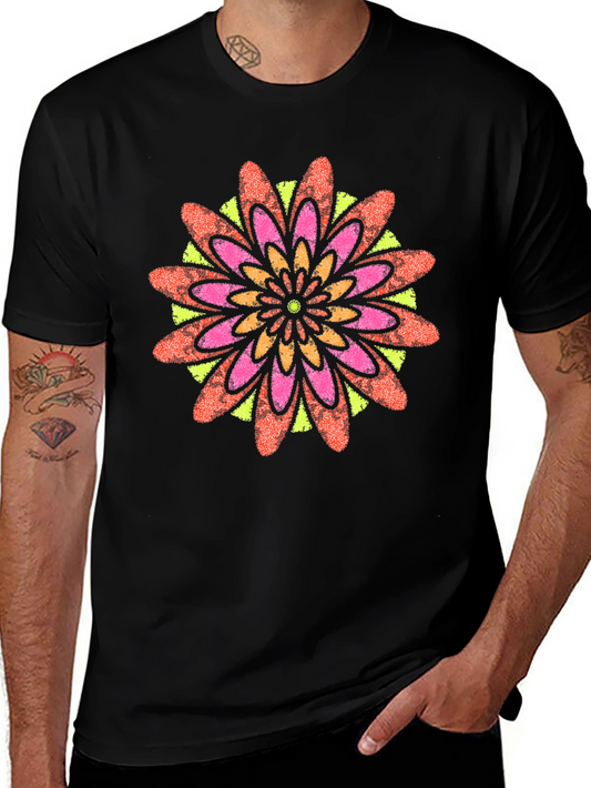 Vibrant Floral Mandala Black T-Shirt