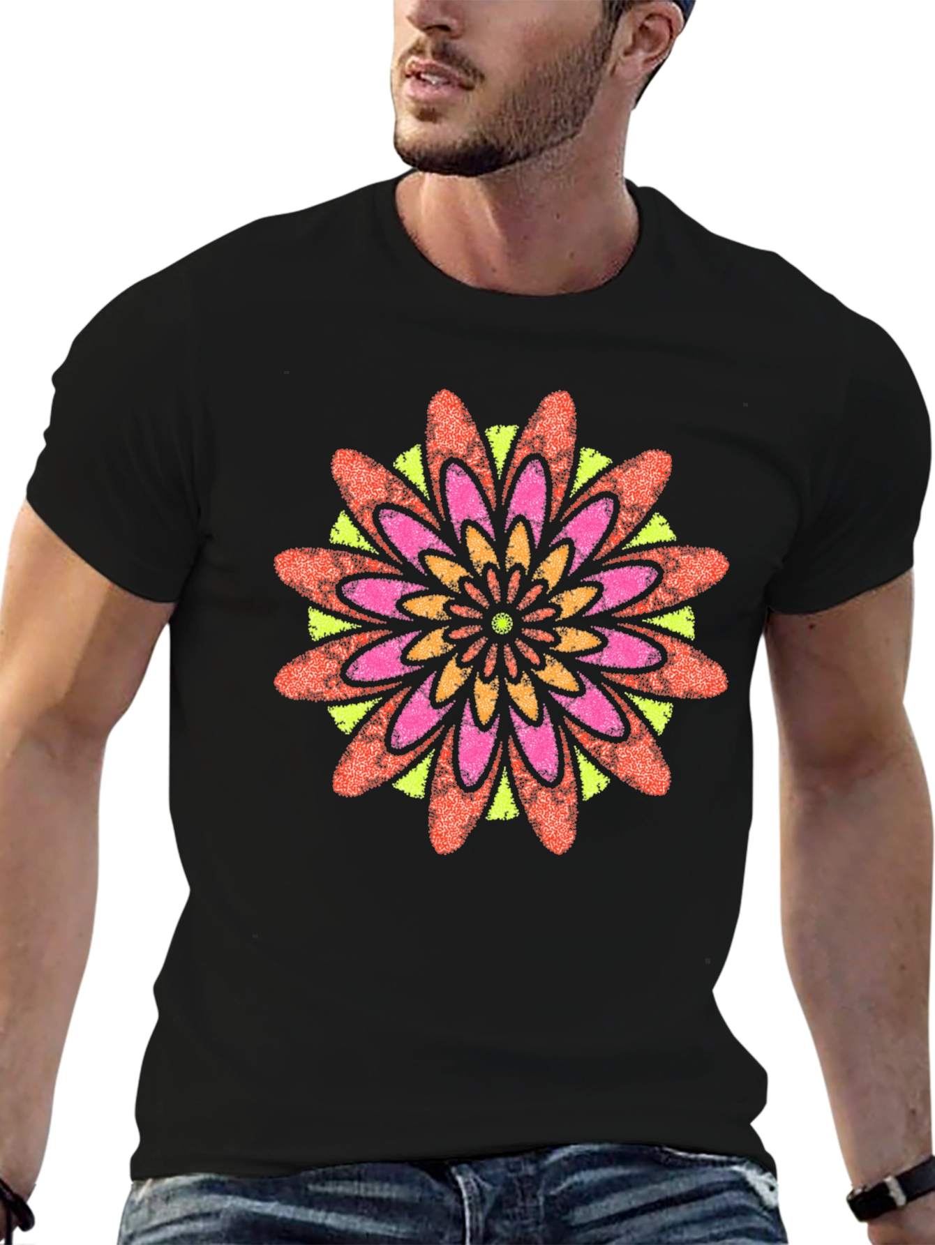 Vibrant Floral Mandala Black T-Shirt