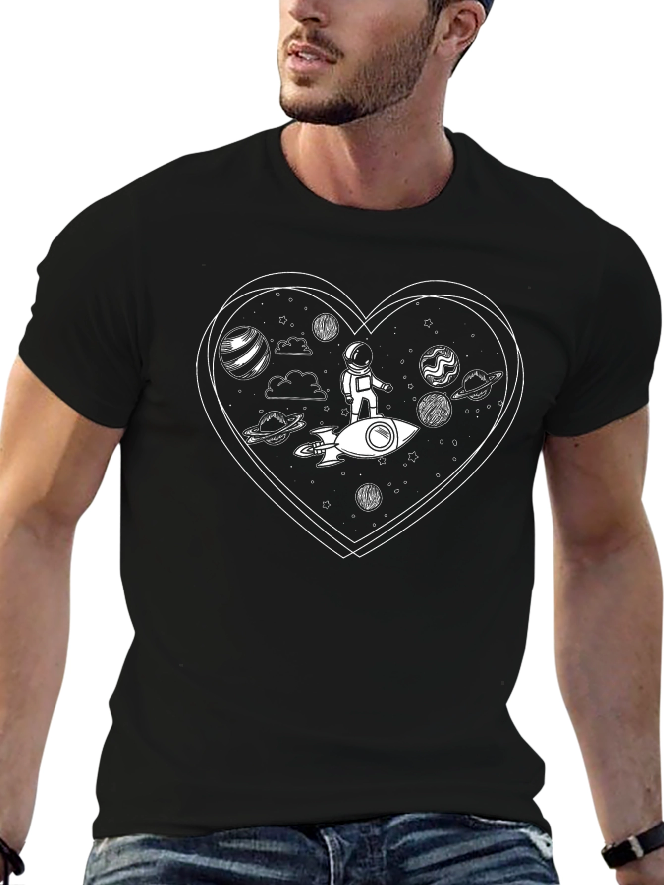 Astronaut Heart Graphic T-Shirt - Black Cotton Tee