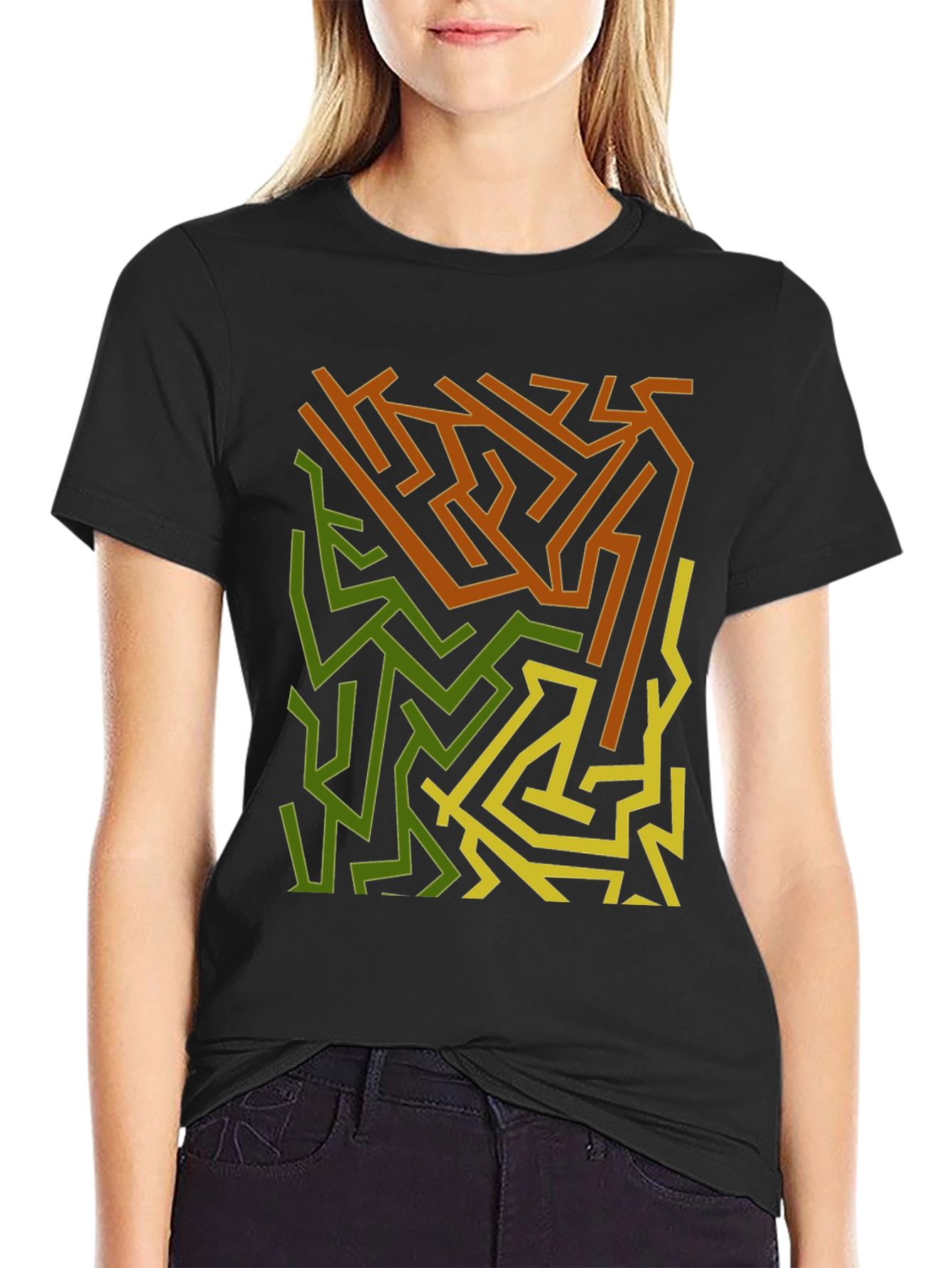 Abstract Maze Graphic Print Black T-Shirt