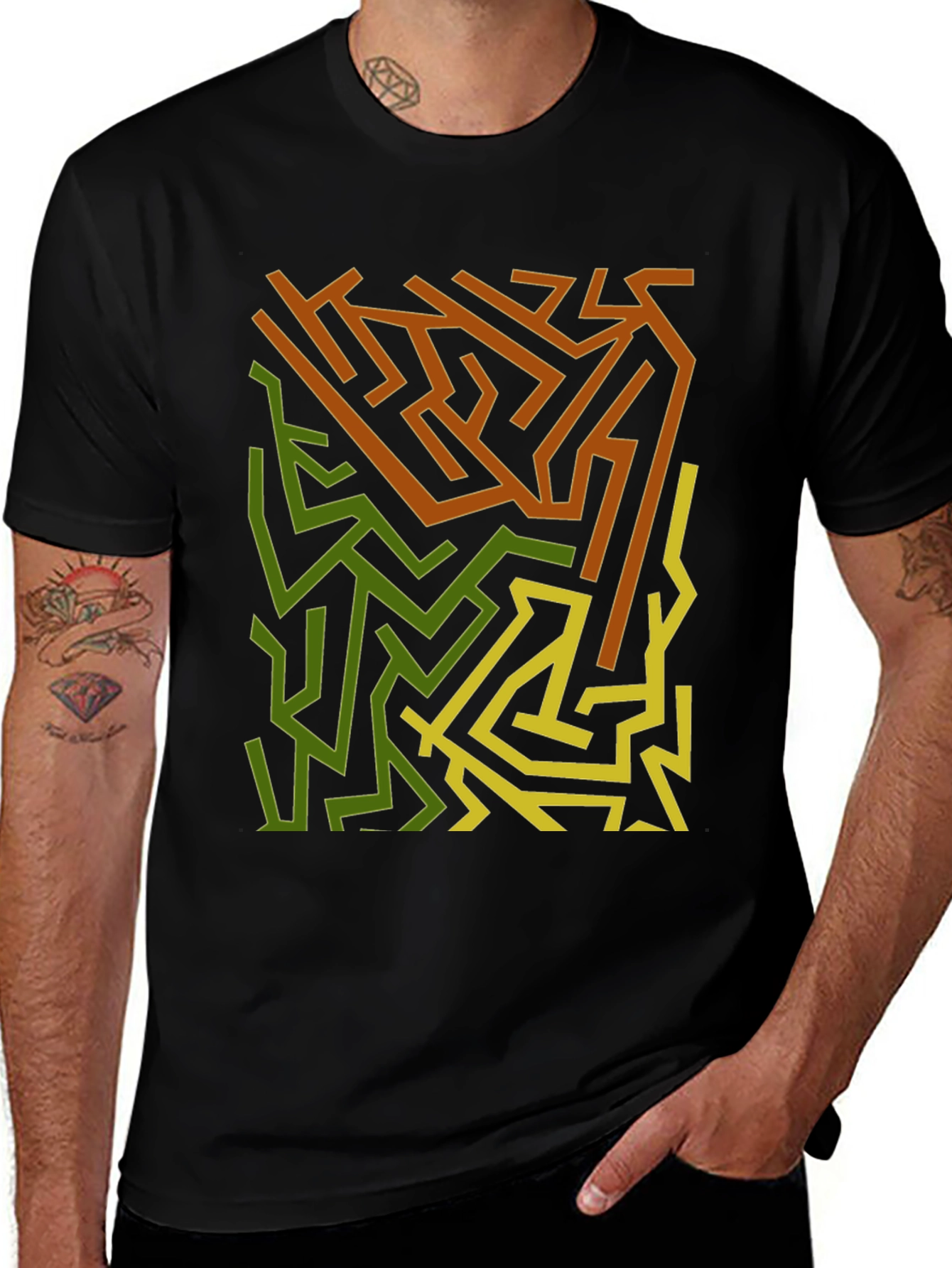 Abstract Maze Graphic Print Black T-Shirt