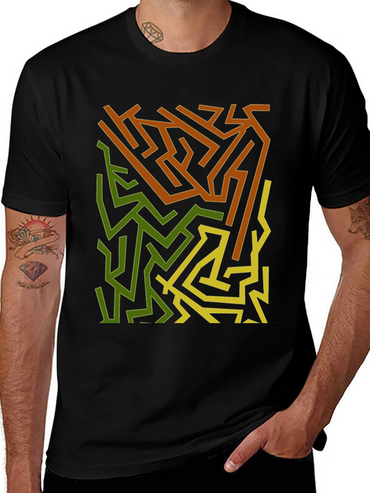 Abstract Maze Graphic Print Black T-Shirt