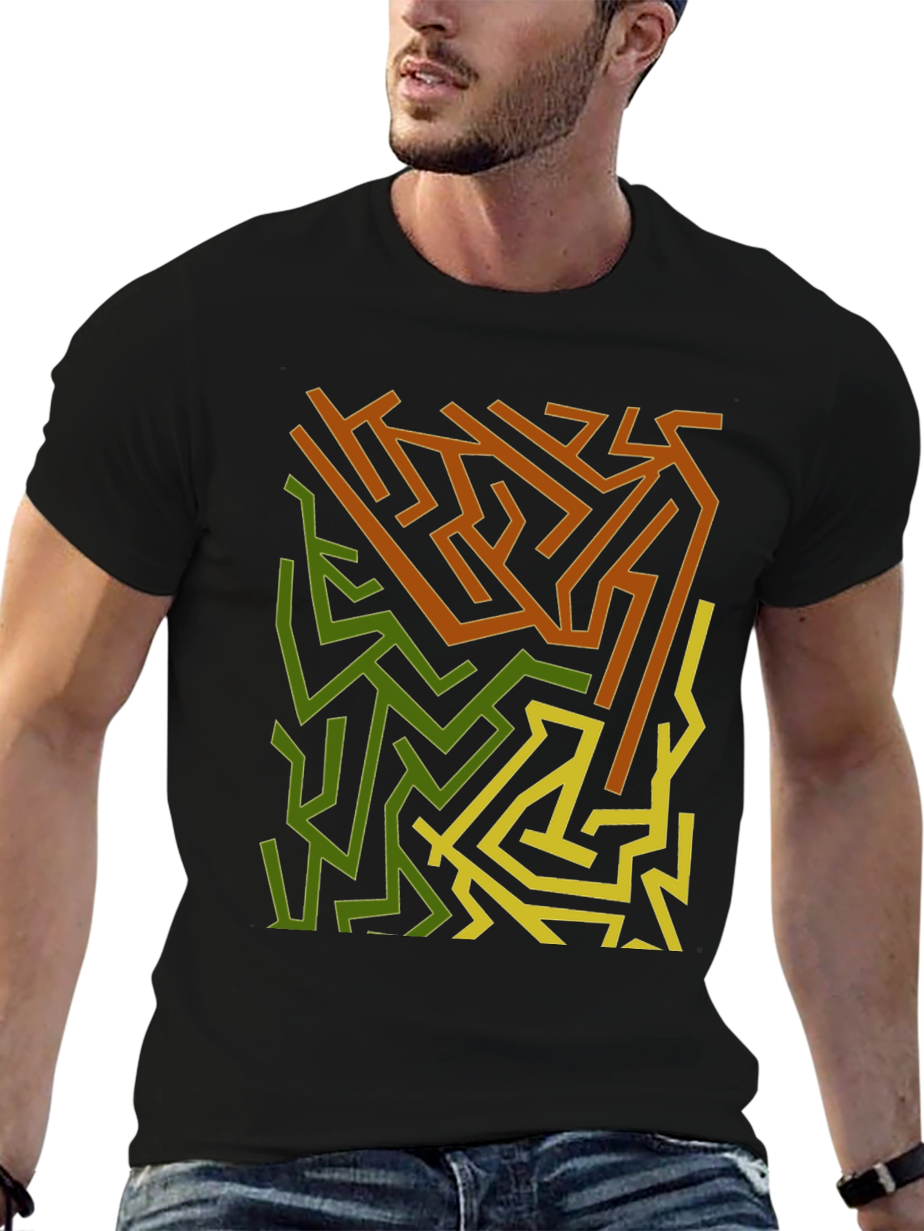 Abstract Maze Graphic Print Black T-Shirt