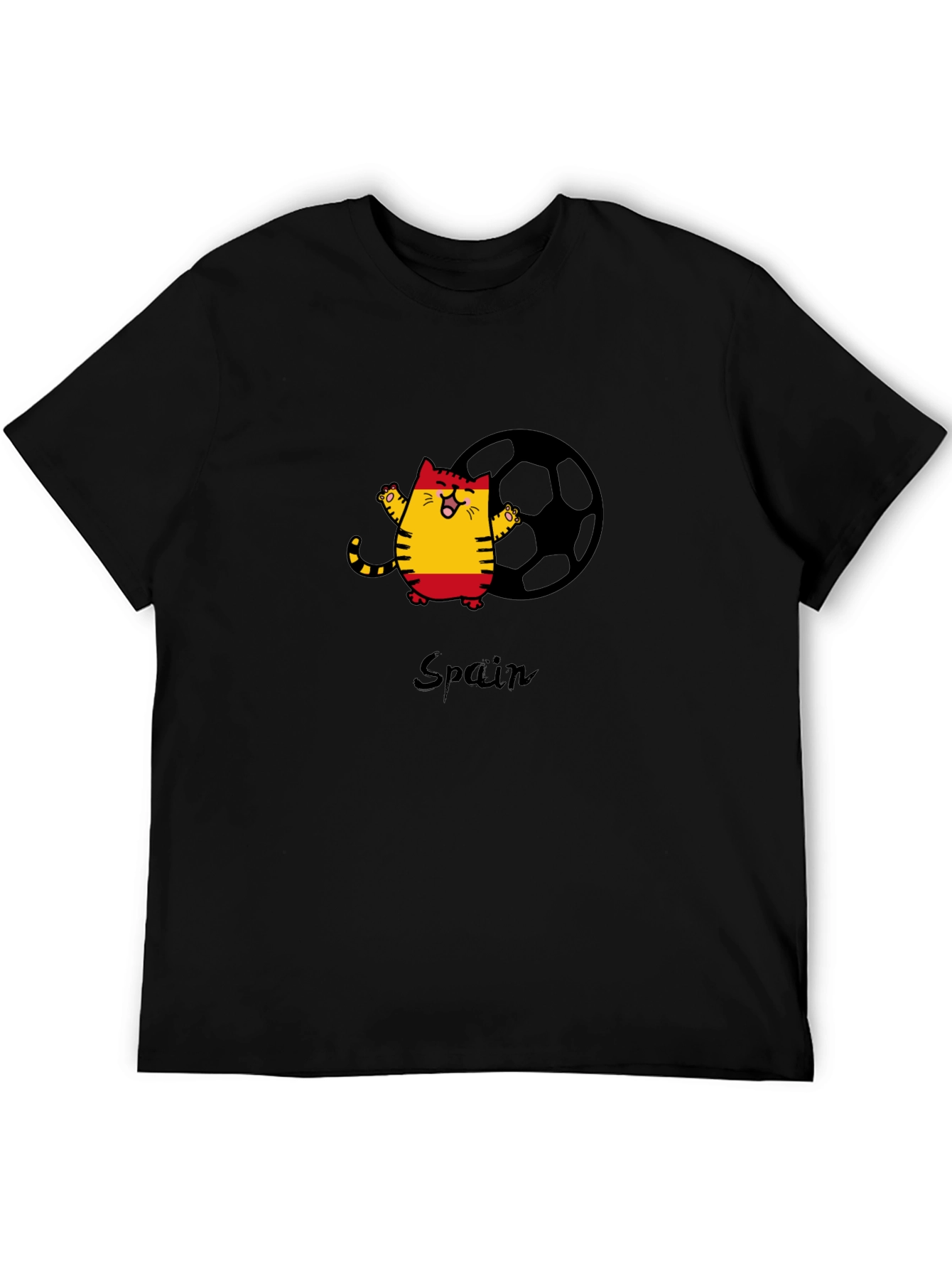 Spain Soccer Cat Black T-Shirt