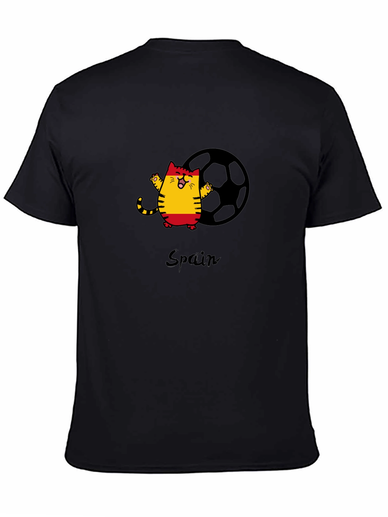Spain Soccer Cat Black T-Shirt