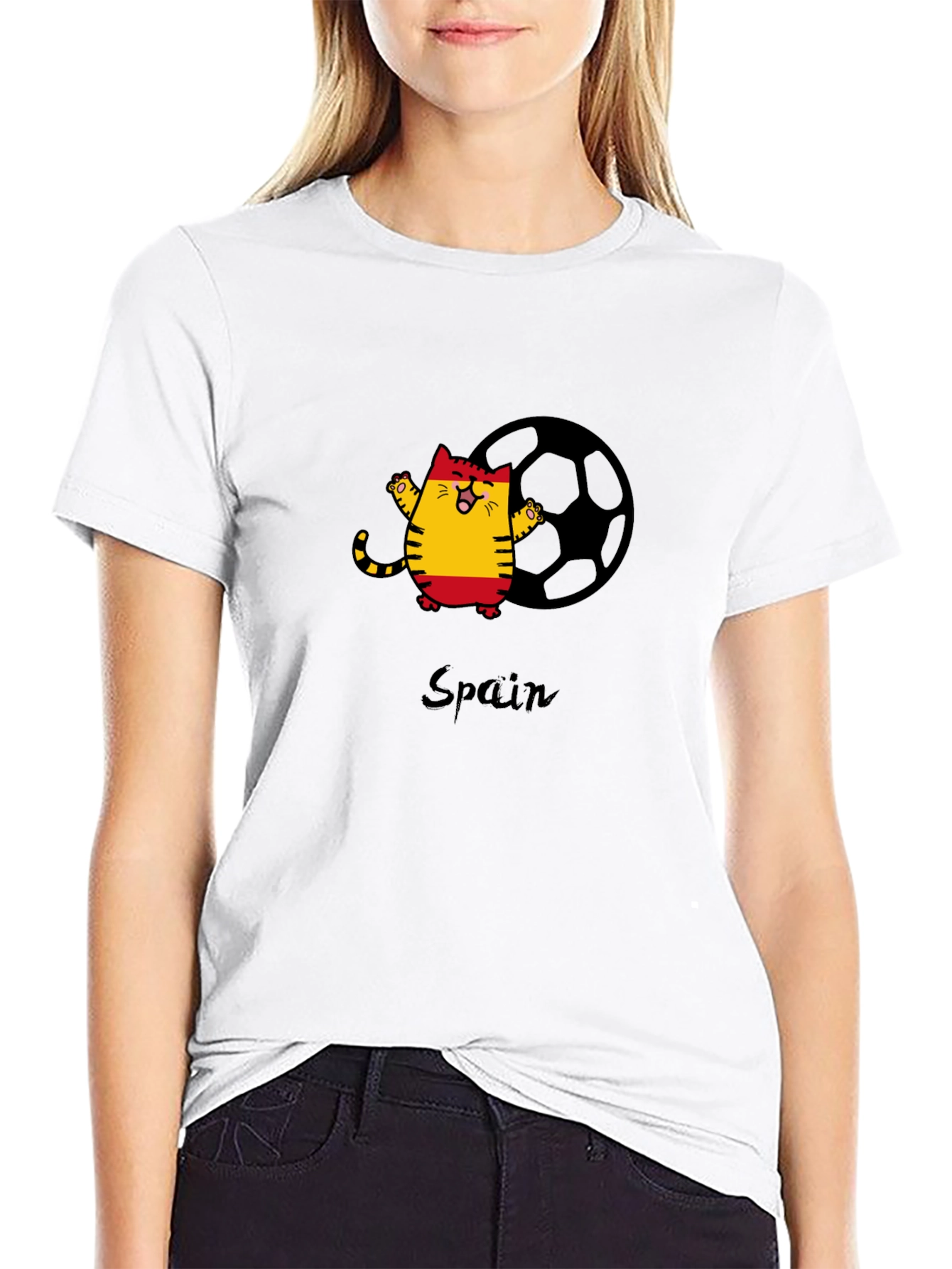 Spain Soccer Cat Black T-Shirt
