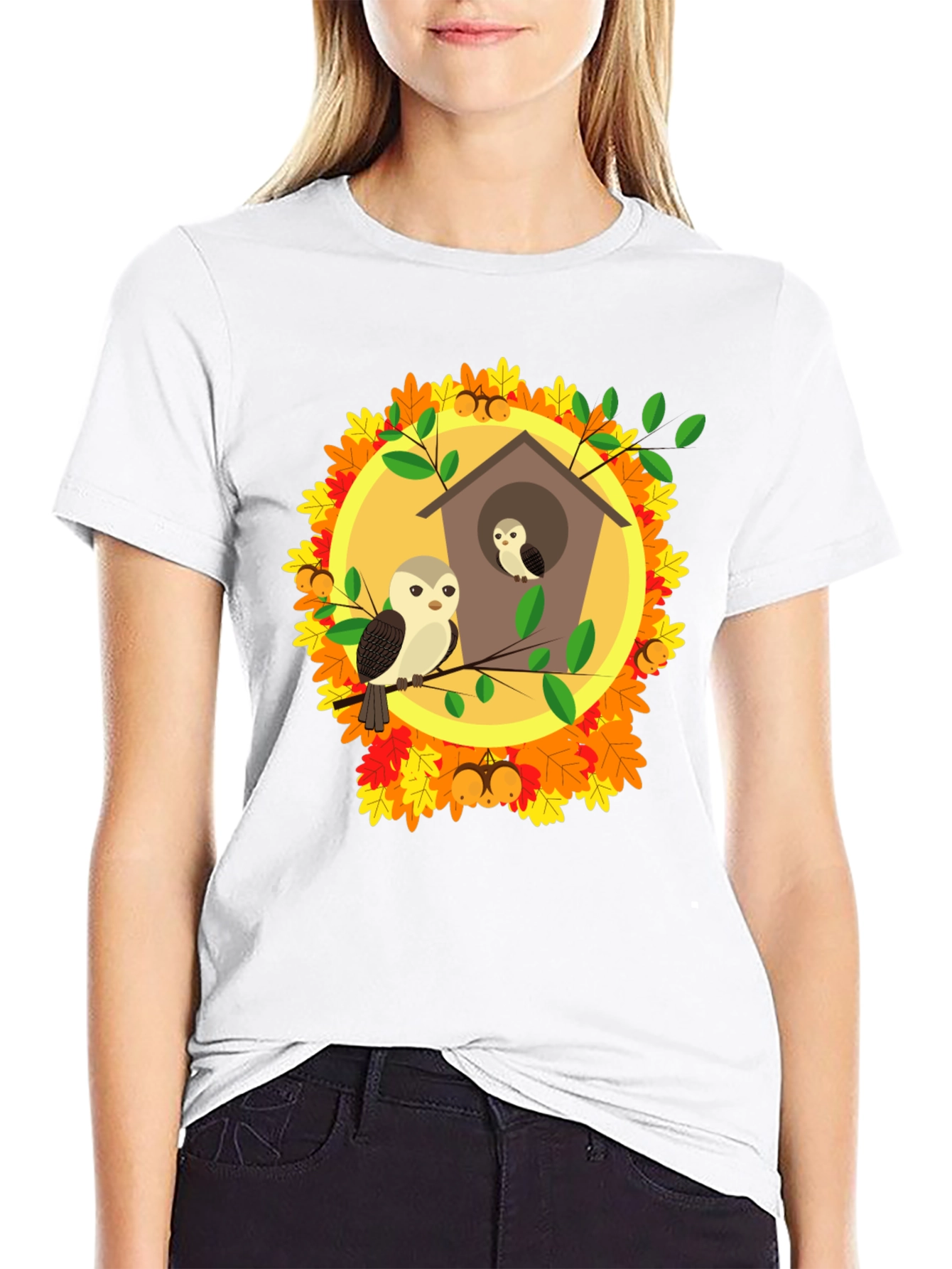 Owl Family in Birdhouse T-Shirt - Autumn Design