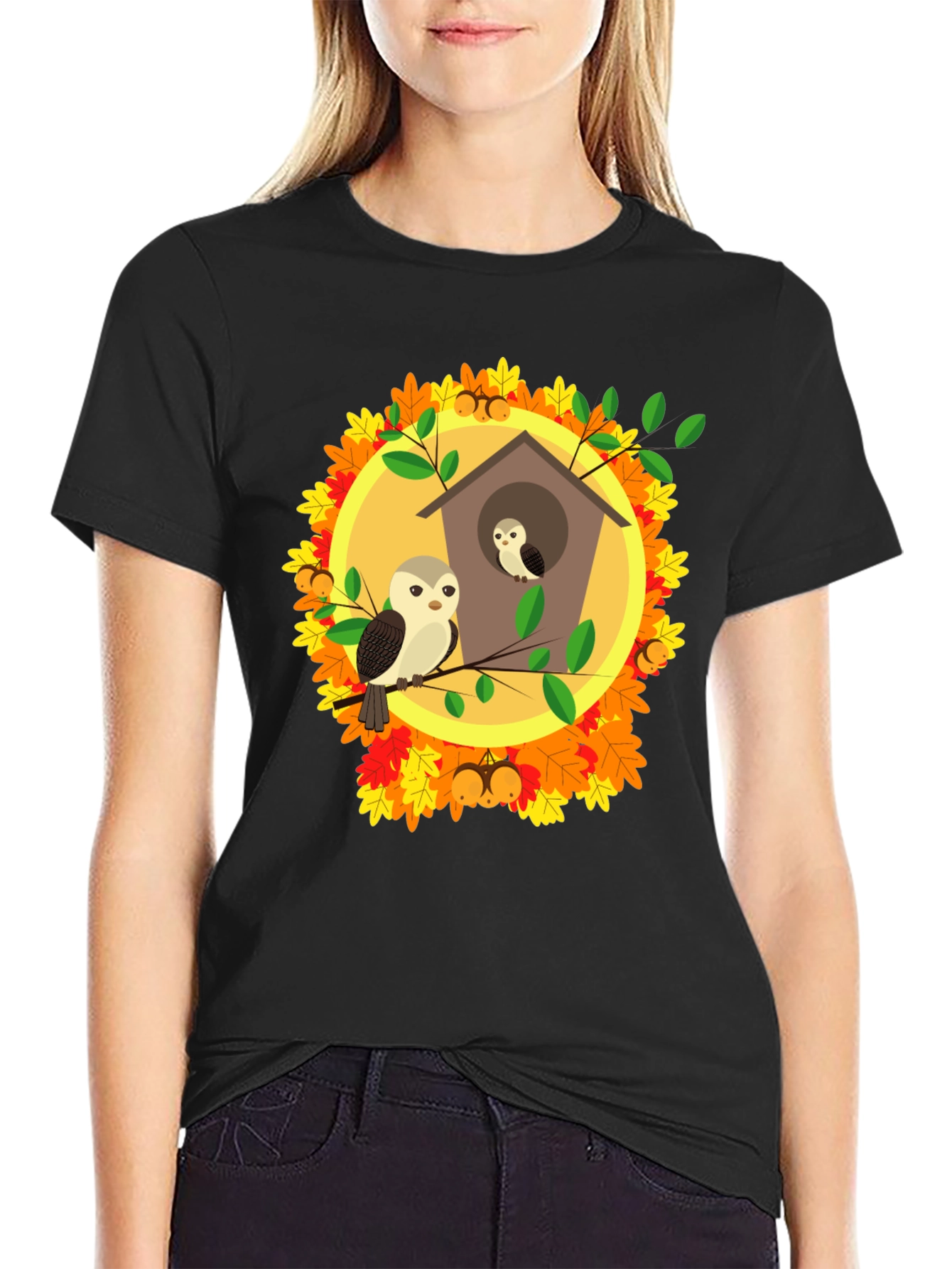 Owl Family in Birdhouse T-Shirt - Autumn Design