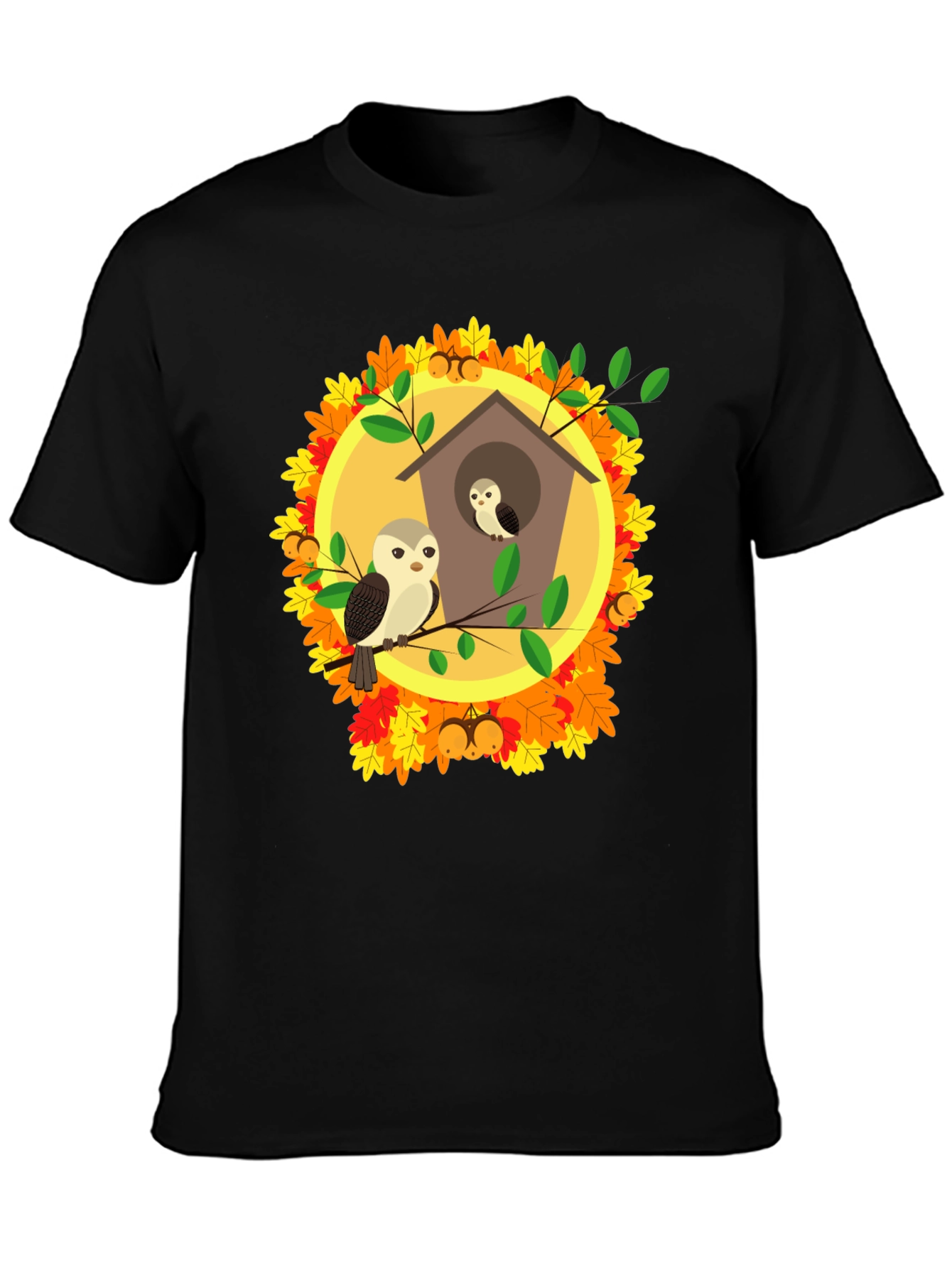 Owl Family in Birdhouse T-Shirt - Autumn Design