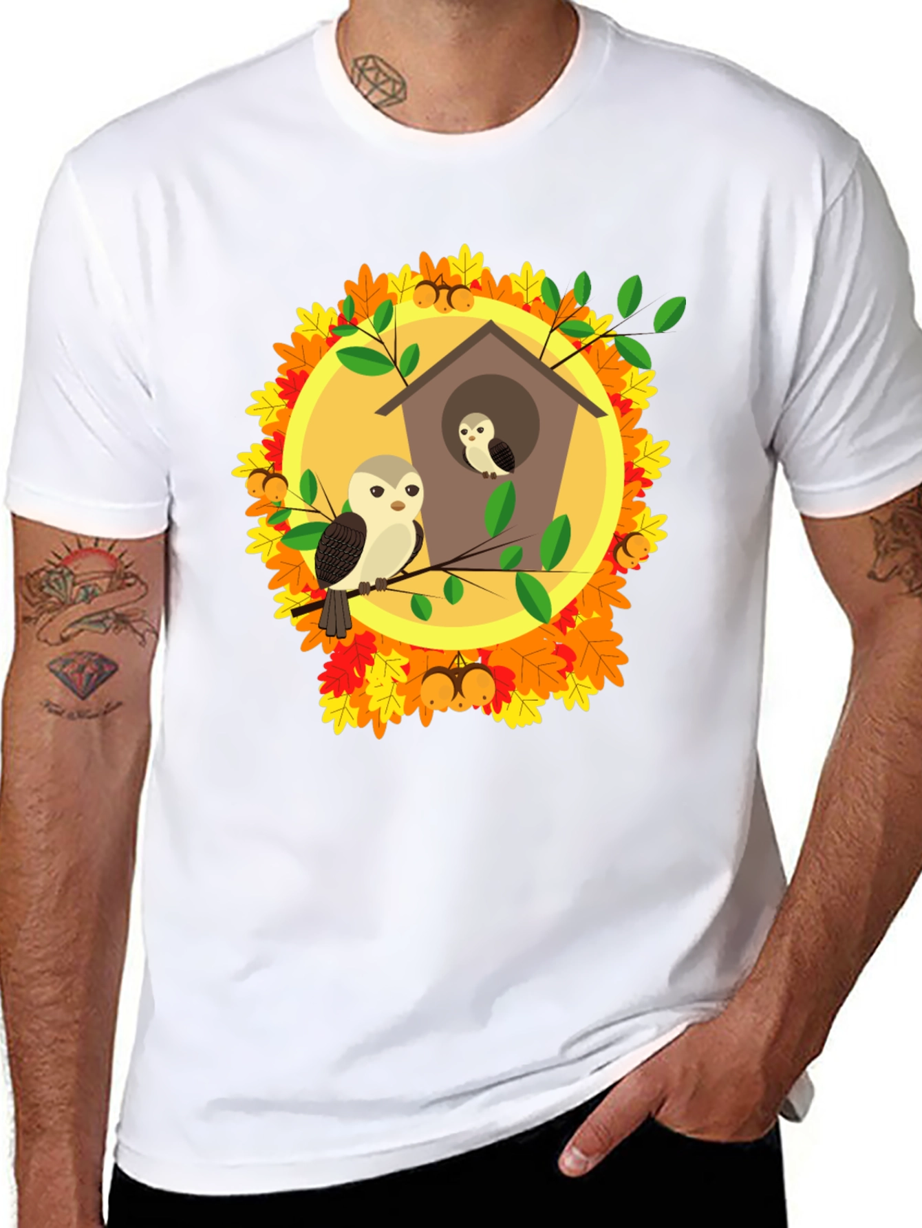 Owl Family in Birdhouse T-Shirt - Autumn Design