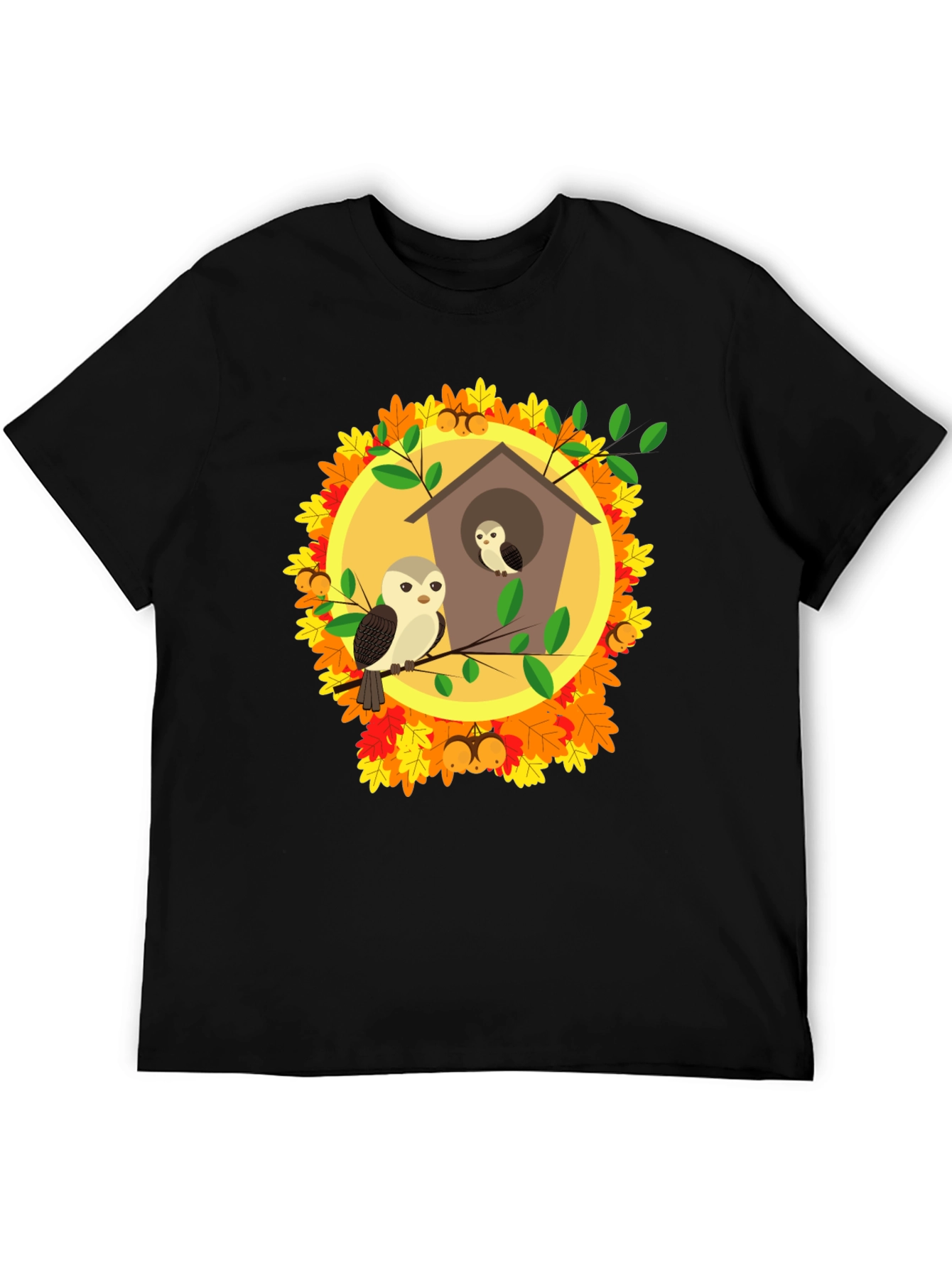 Owl Family in Birdhouse T-Shirt - Autumn Design