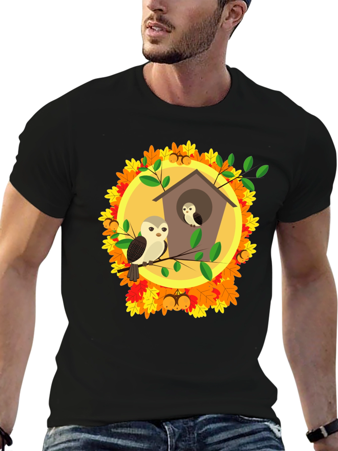 Owl Family in Birdhouse T-Shirt - Autumn Design