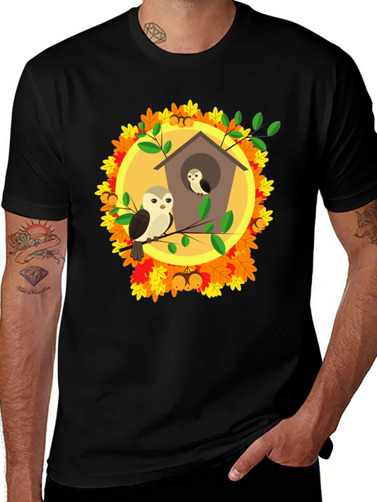 Owl Family in Birdhouse T-Shirt - Autumn Design
