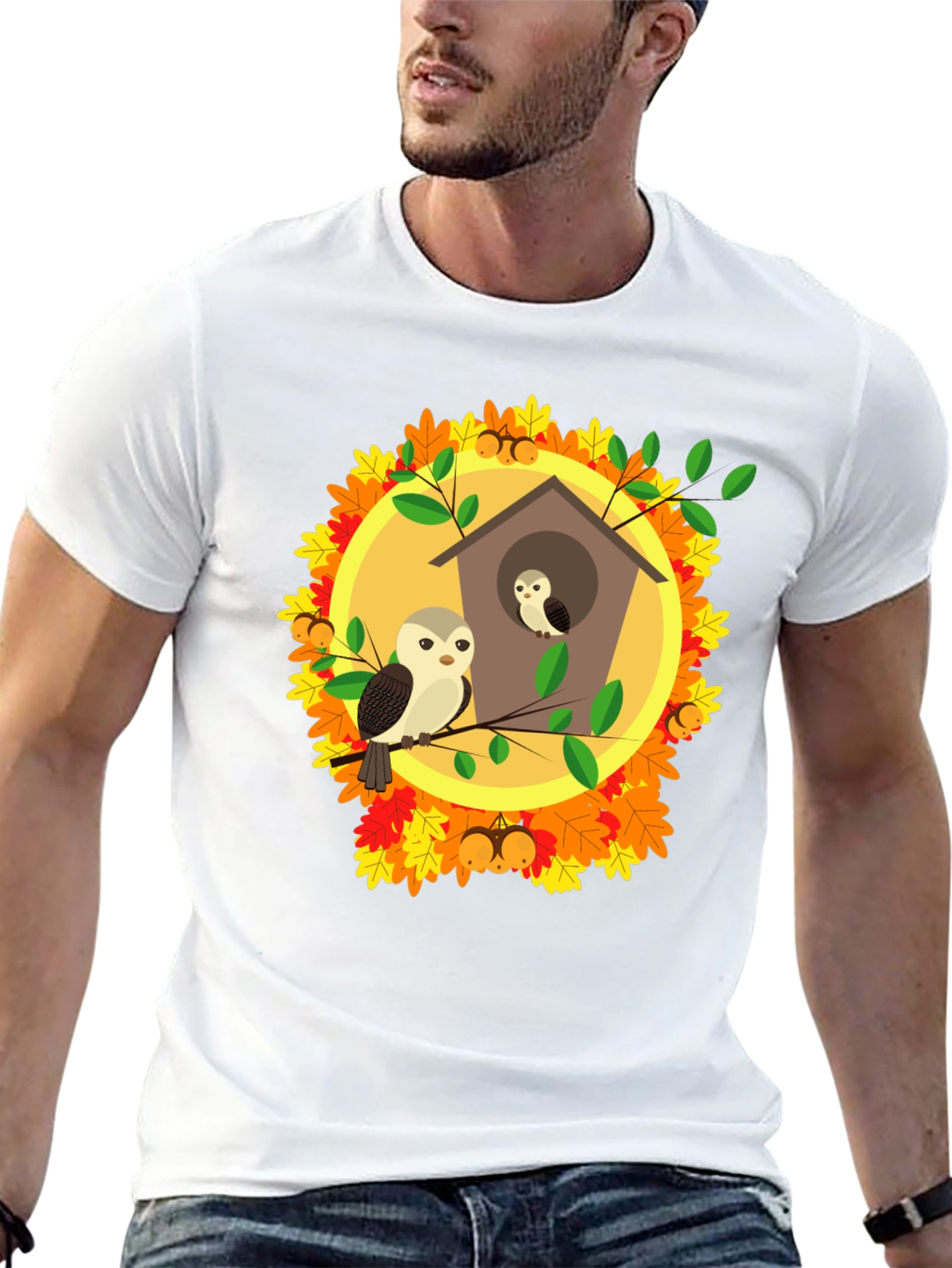 Owl Family in Birdhouse T-Shirt - Autumn Design