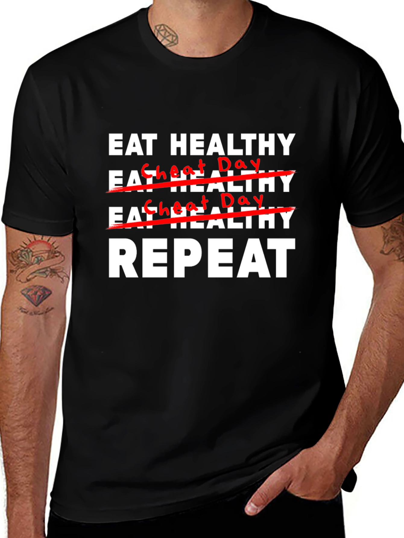 Eat Healthy Cheat Day Repeat Graphic T-Shirt