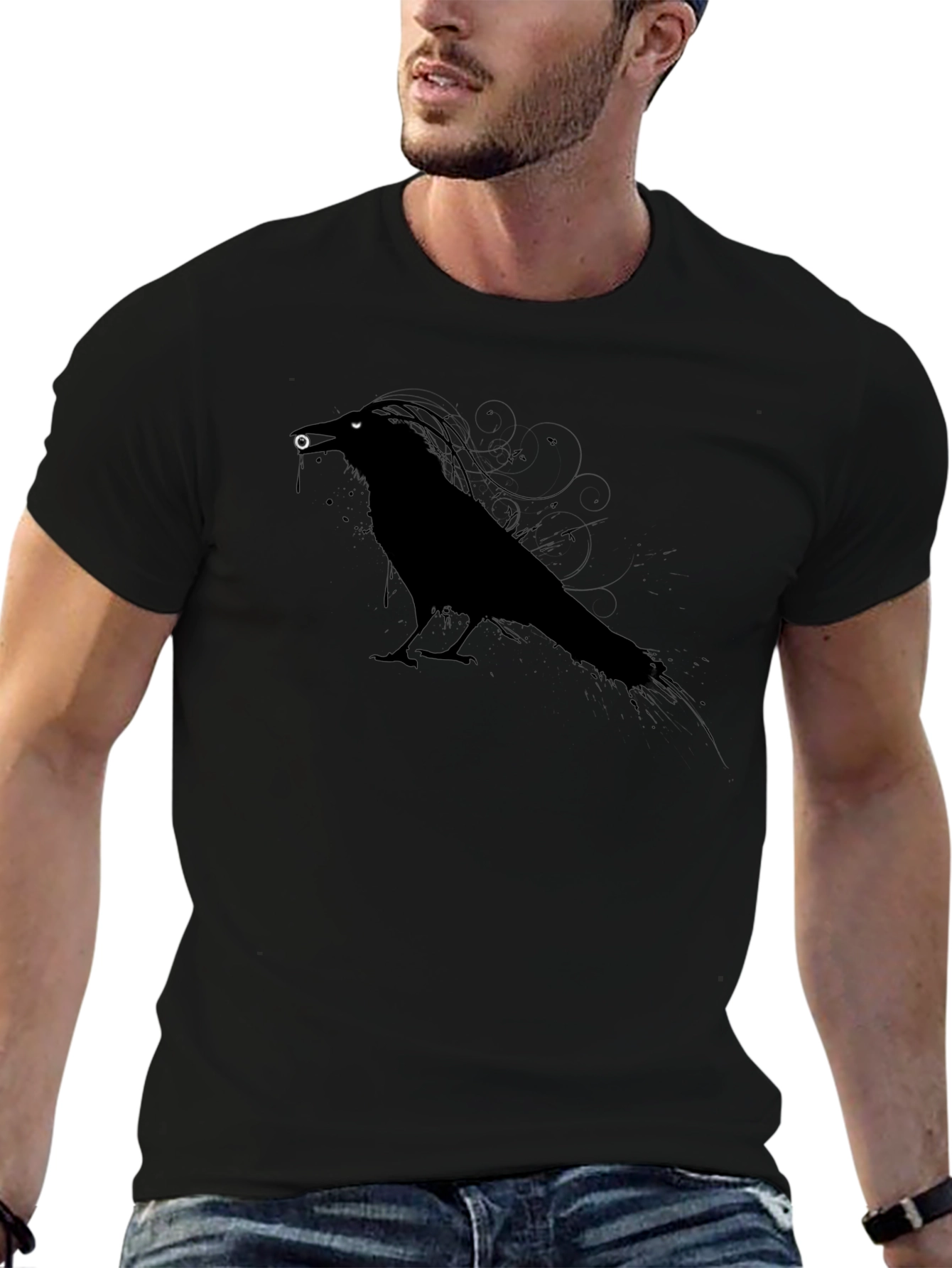 Mens Crow Graphic Tee - Black Unique Design