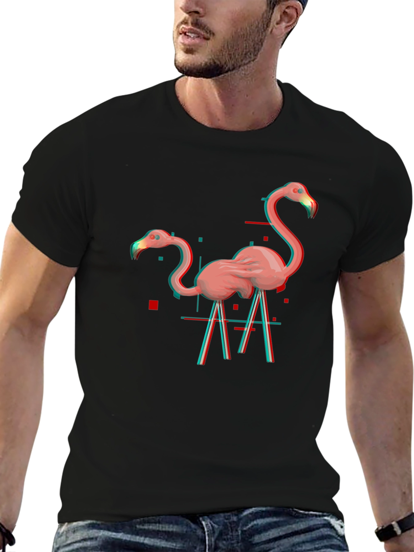 Flamingo Glitch Graphic Tee - Black