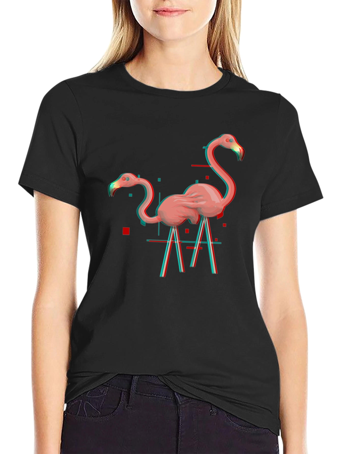 Flamingo Glitch Graphic Tee - Black