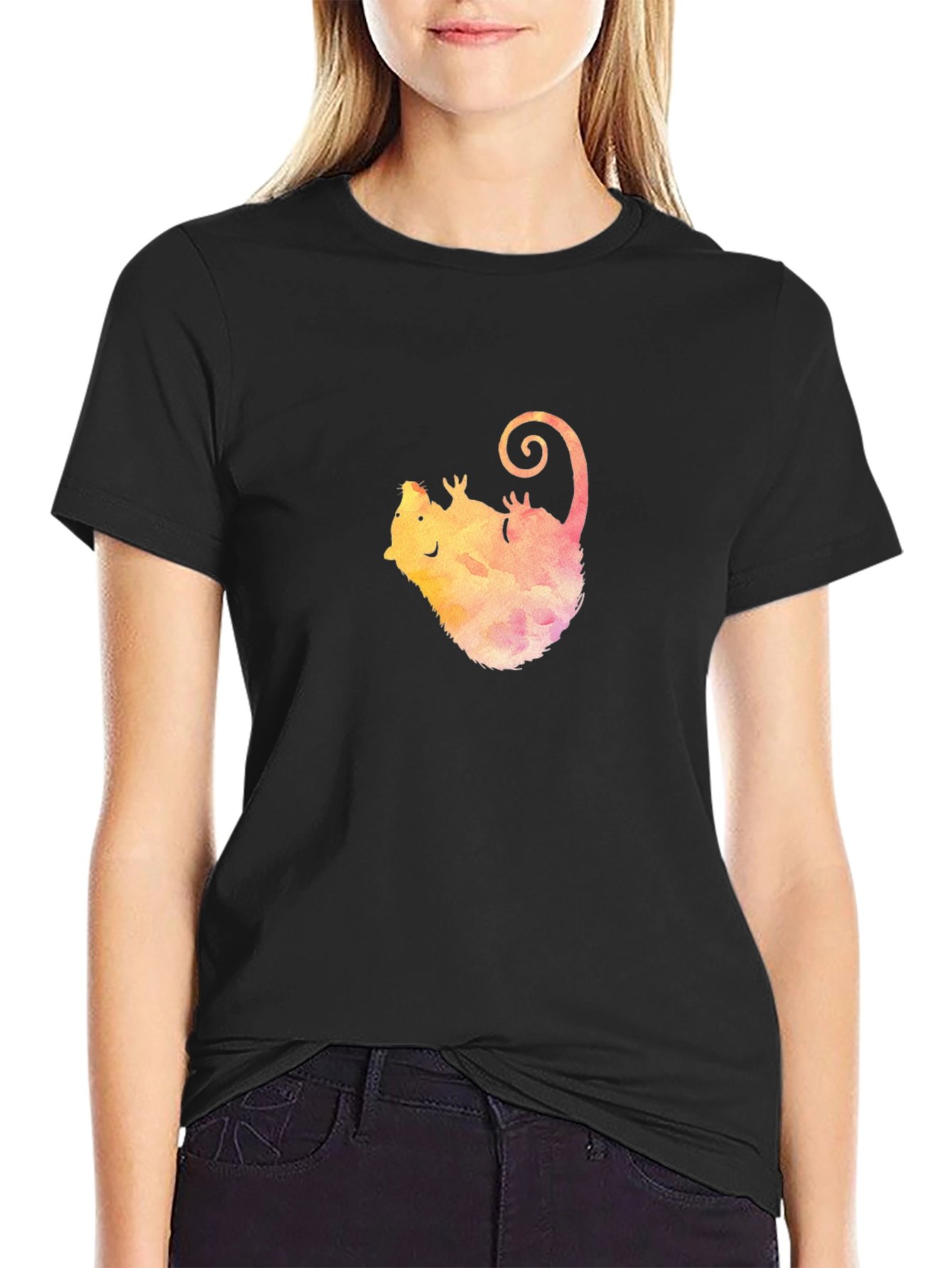 Watercolor Opossum Black T-Shirt