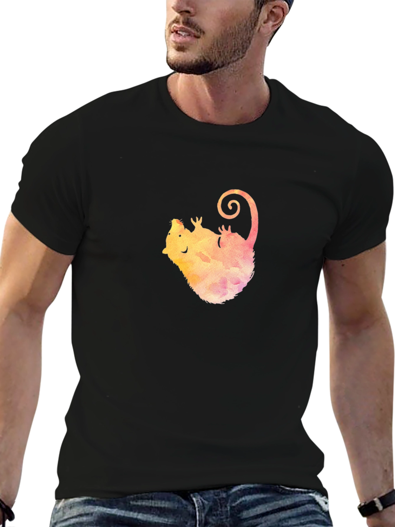 Watercolor Opossum Black T-Shirt