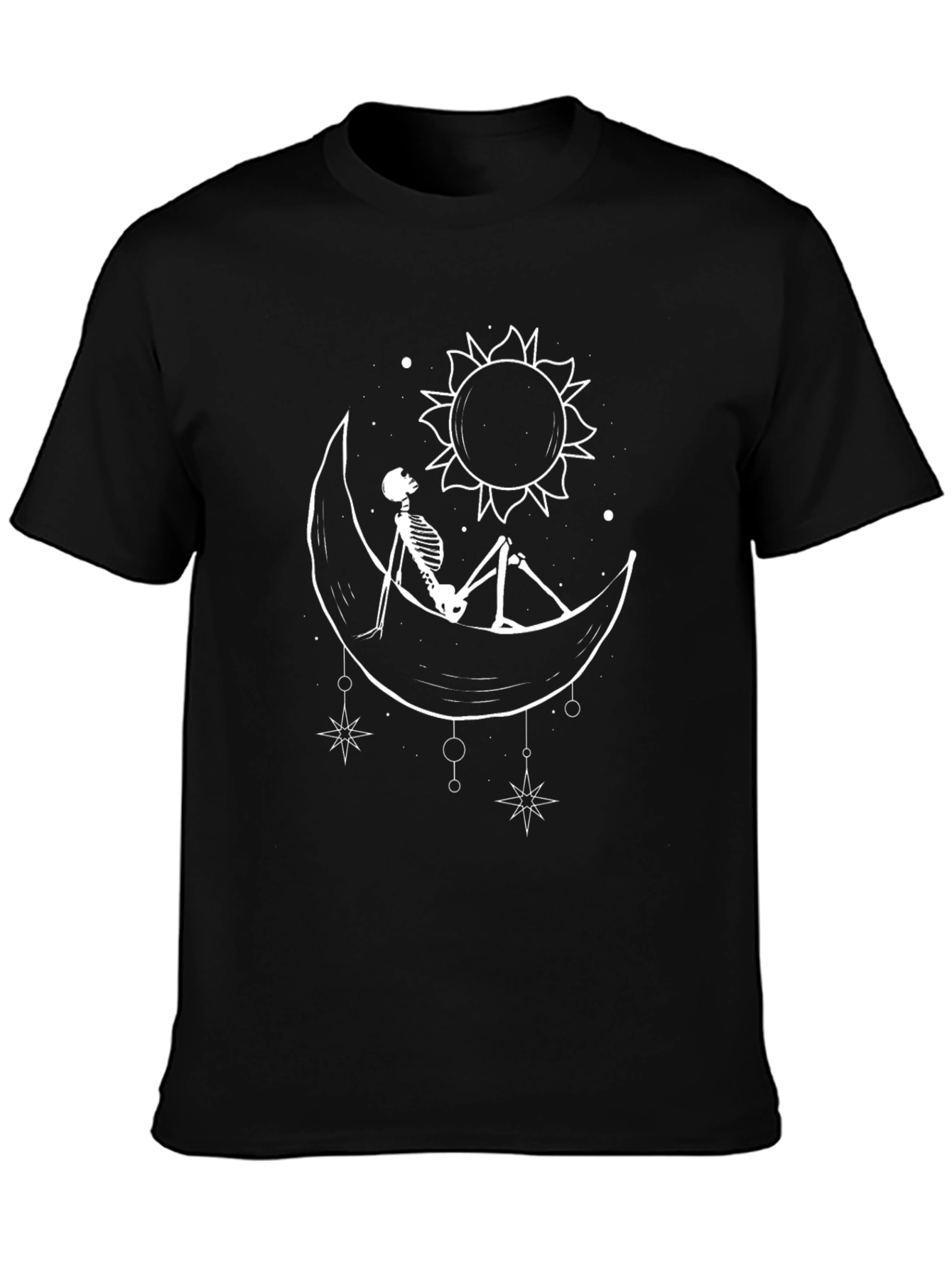 Black T-Shirt with Moon and Skeleton Design