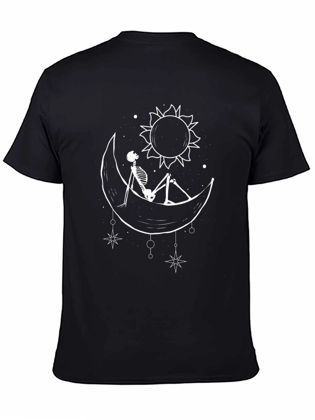 Black T-Shirt with Moon and Skeleton Design