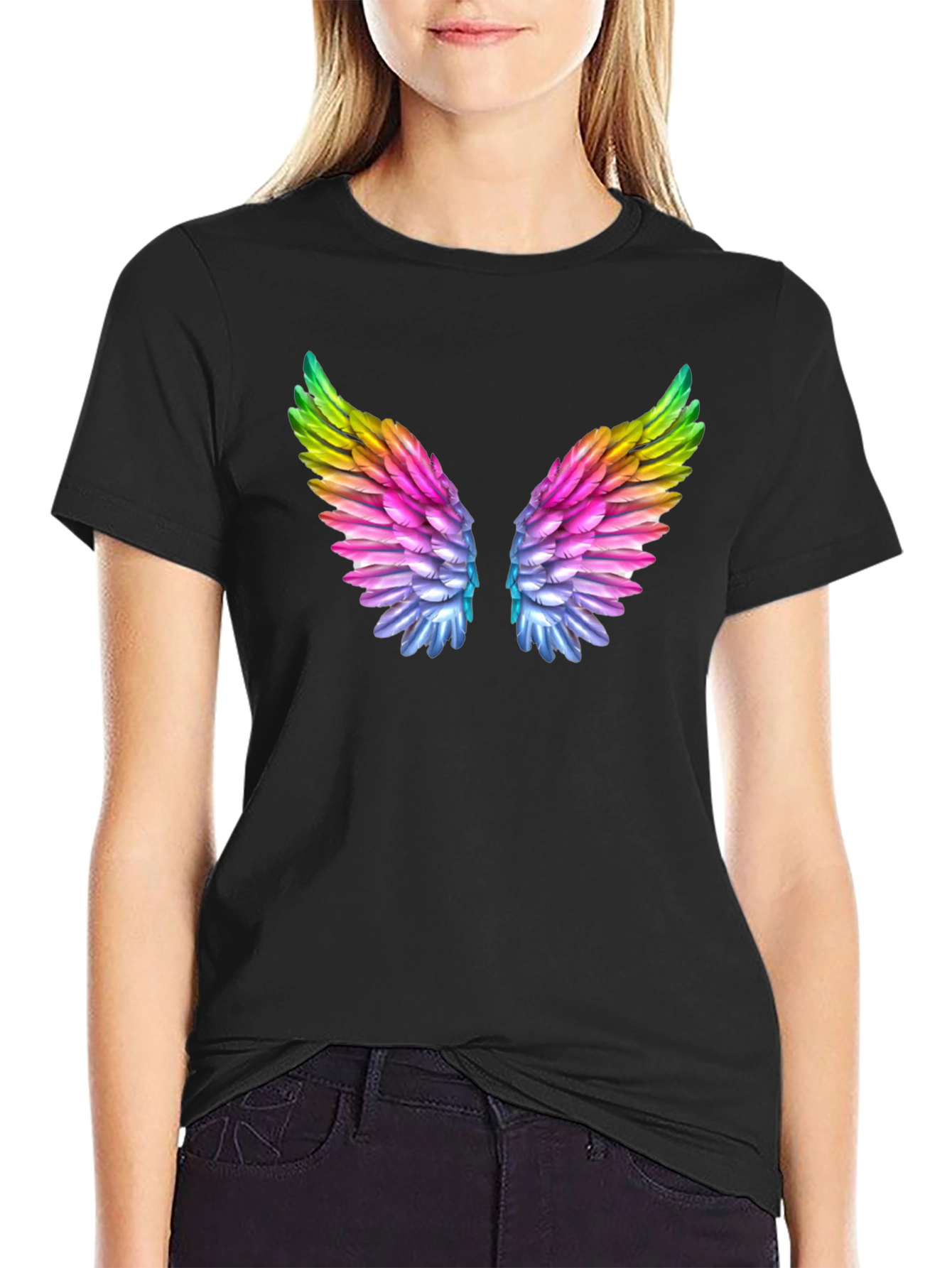 Rainbow Wings Graphic Tee - Stylish Black T-Shirt