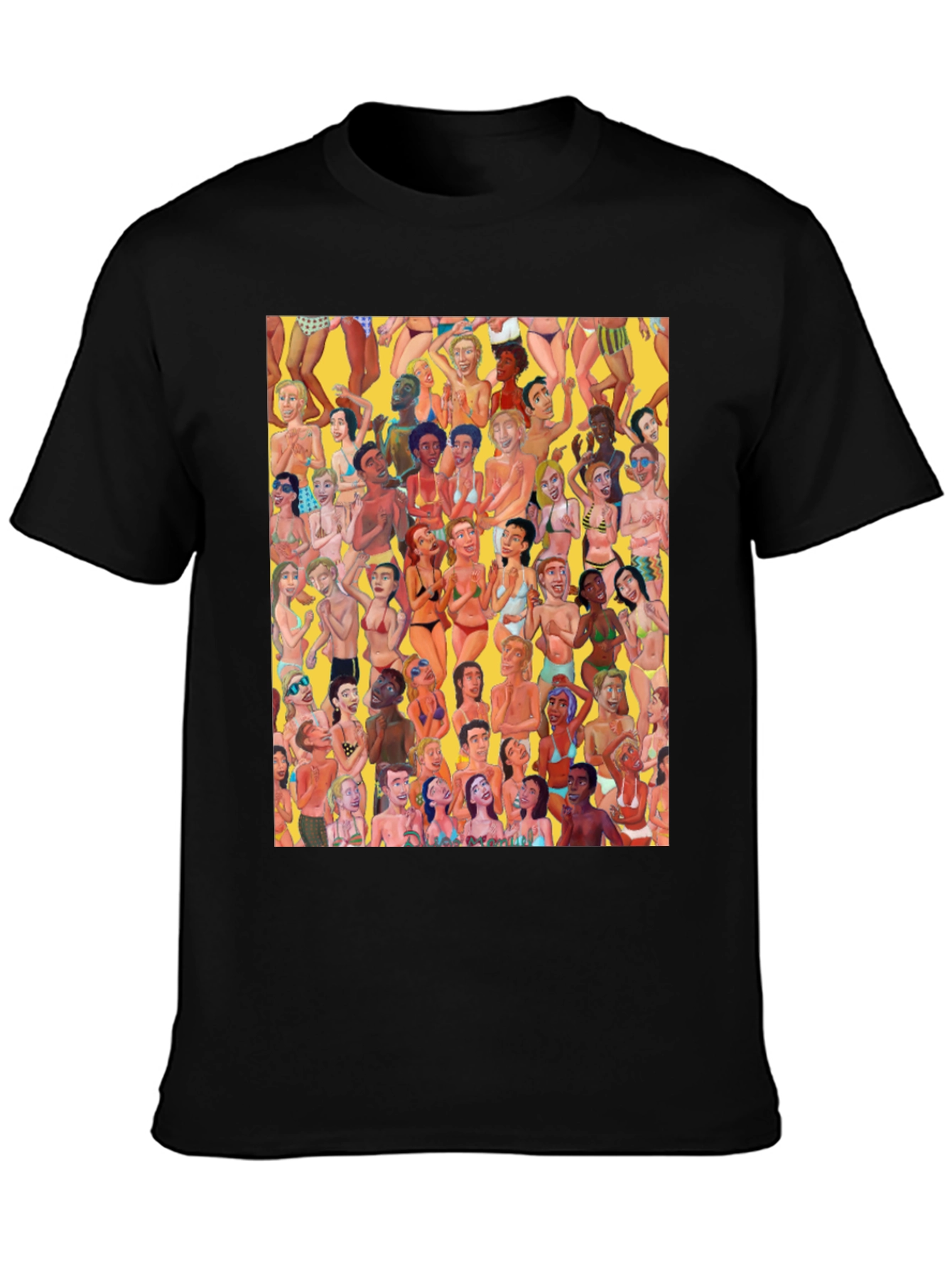 Beach Crowd Graphic Tee - Black Cotton T-Shirt