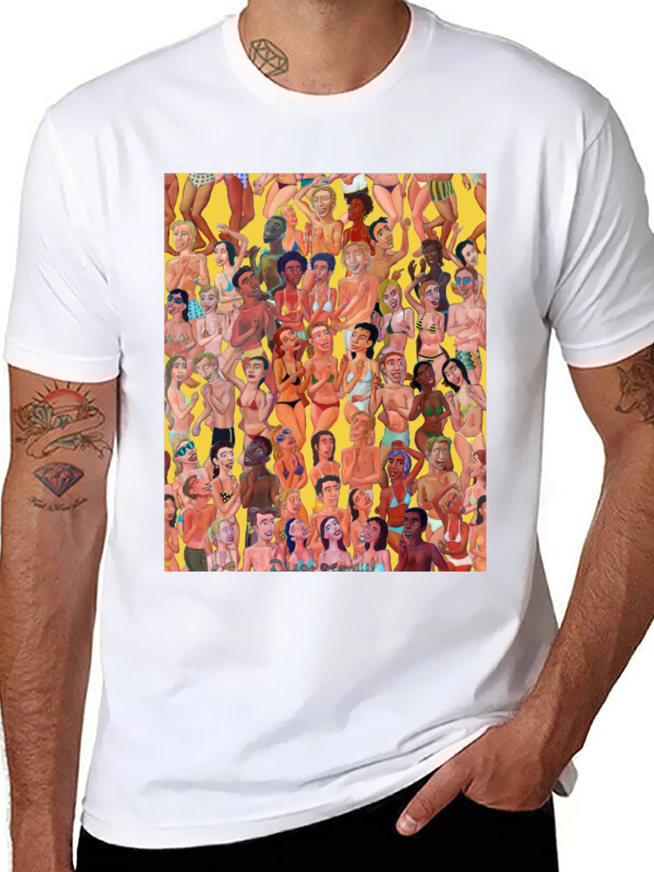 Beach Crowd Graphic Tee - Black Cotton T-Shirt