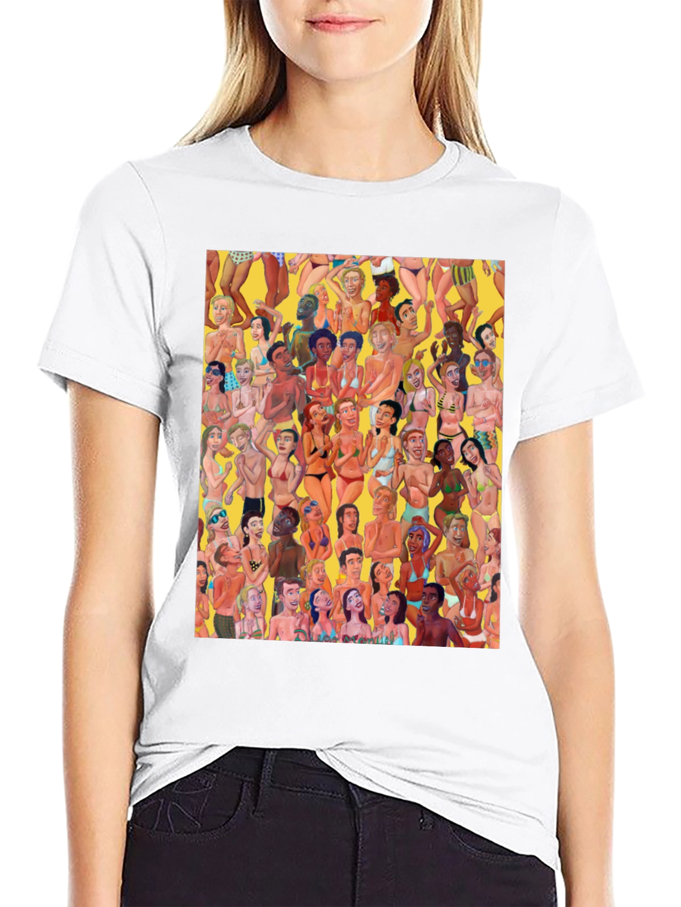 Beach Crowd Graphic Tee - Black Cotton T-Shirt