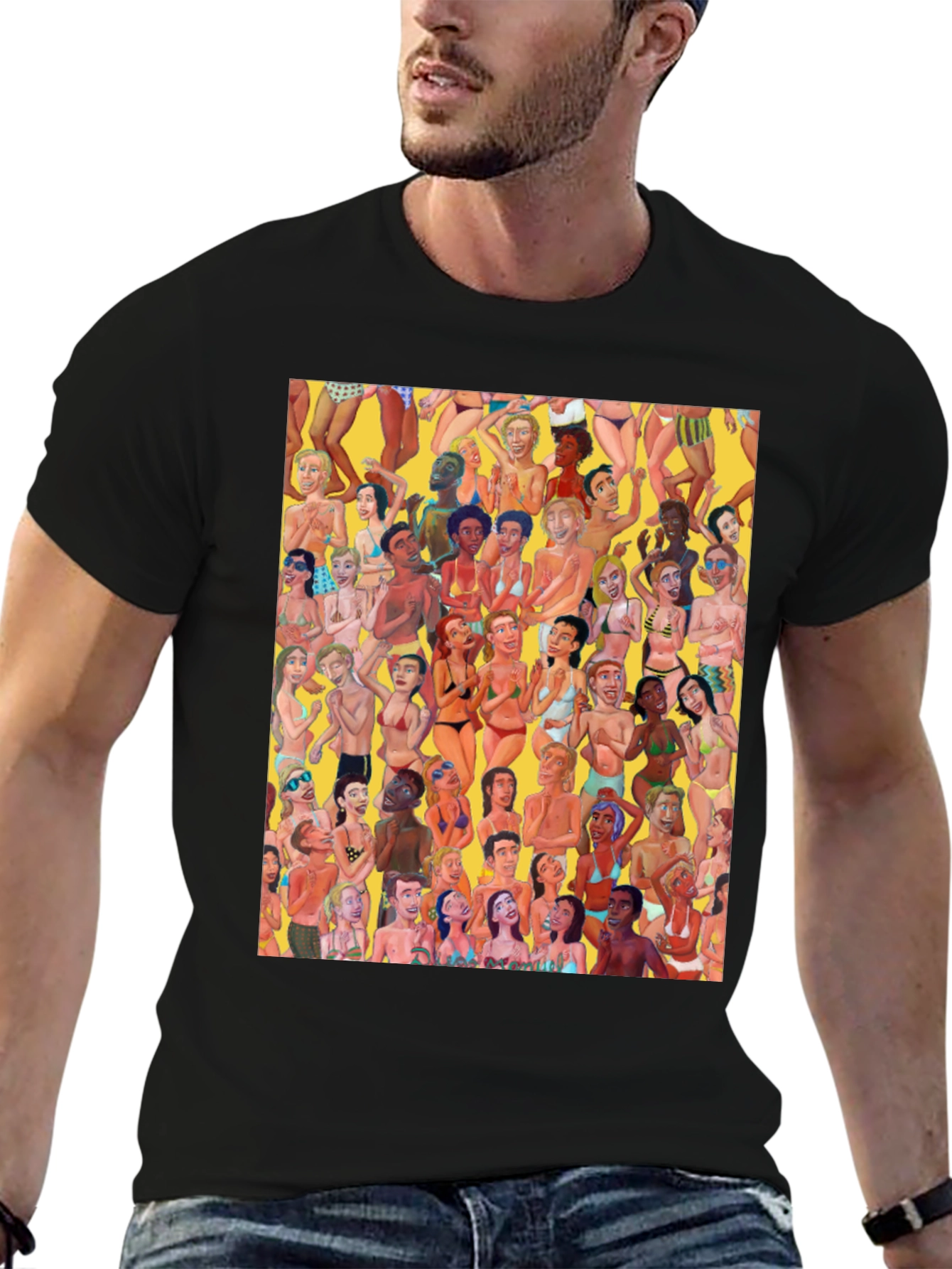 Beach Crowd Graphic Tee - Black Cotton T-Shirt