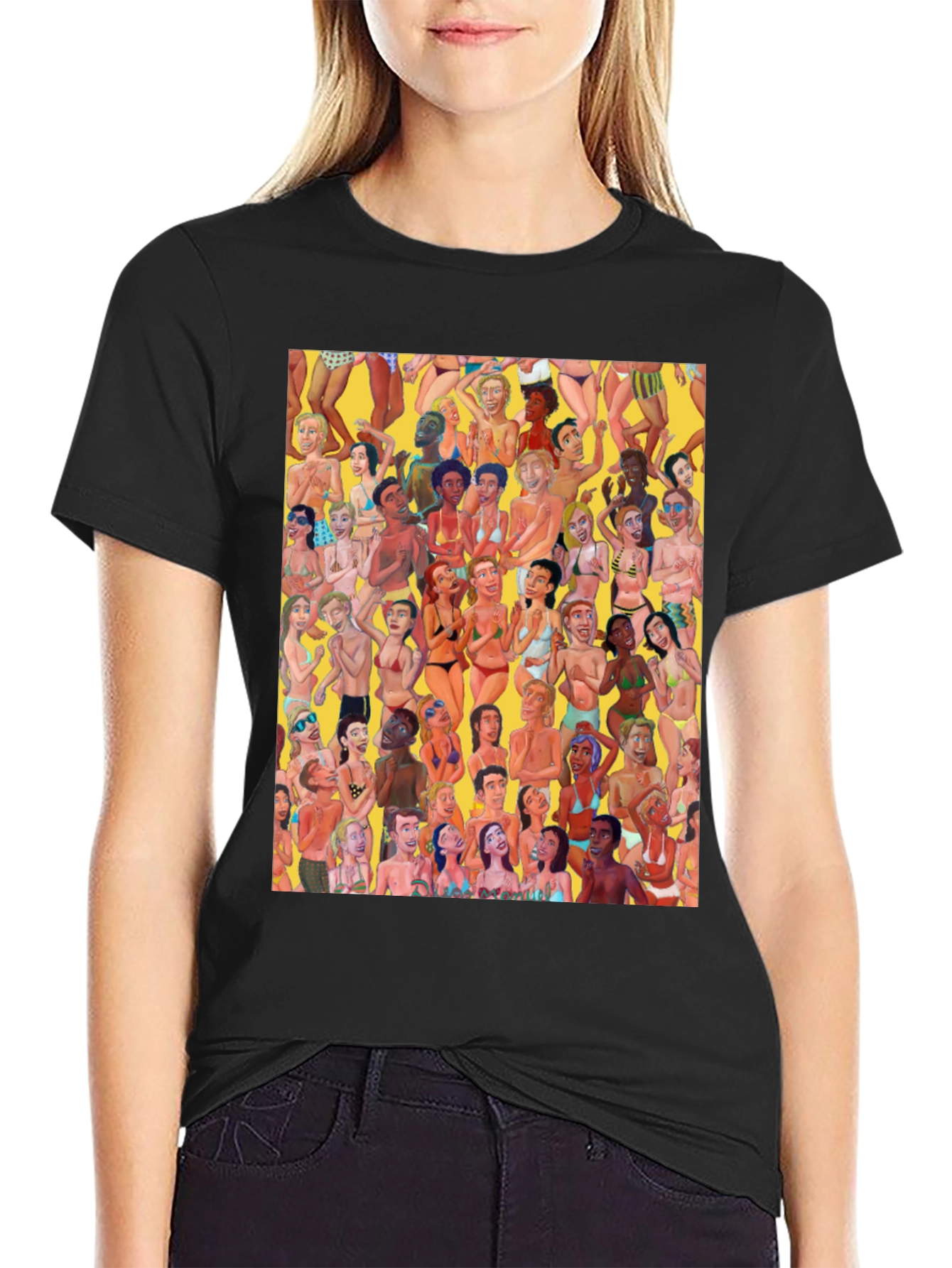 Beach Crowd Graphic Tee - Black Cotton T-Shirt