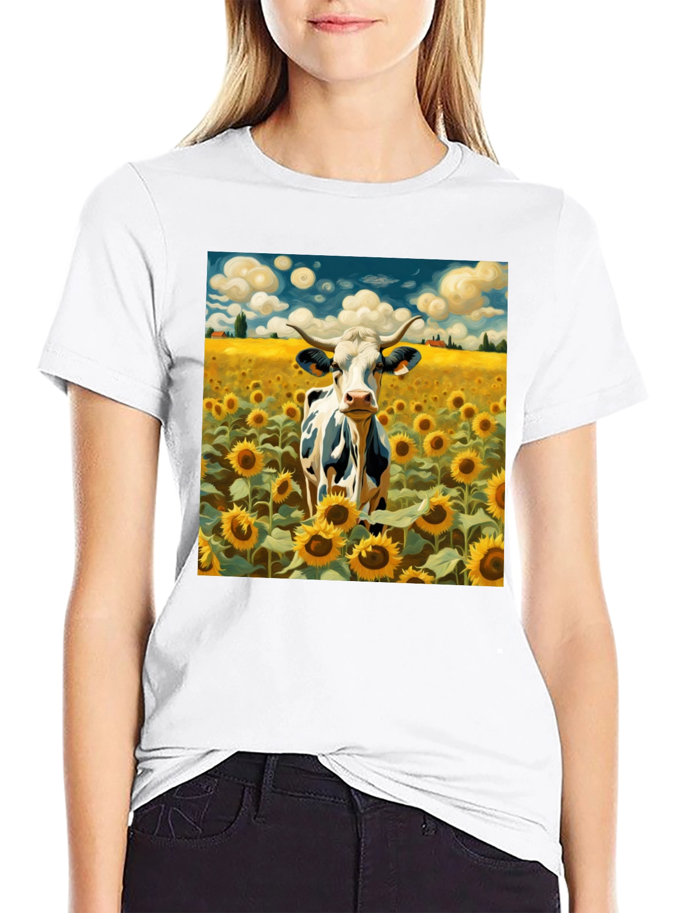 Cow in Sunflower Field Graphic Tee