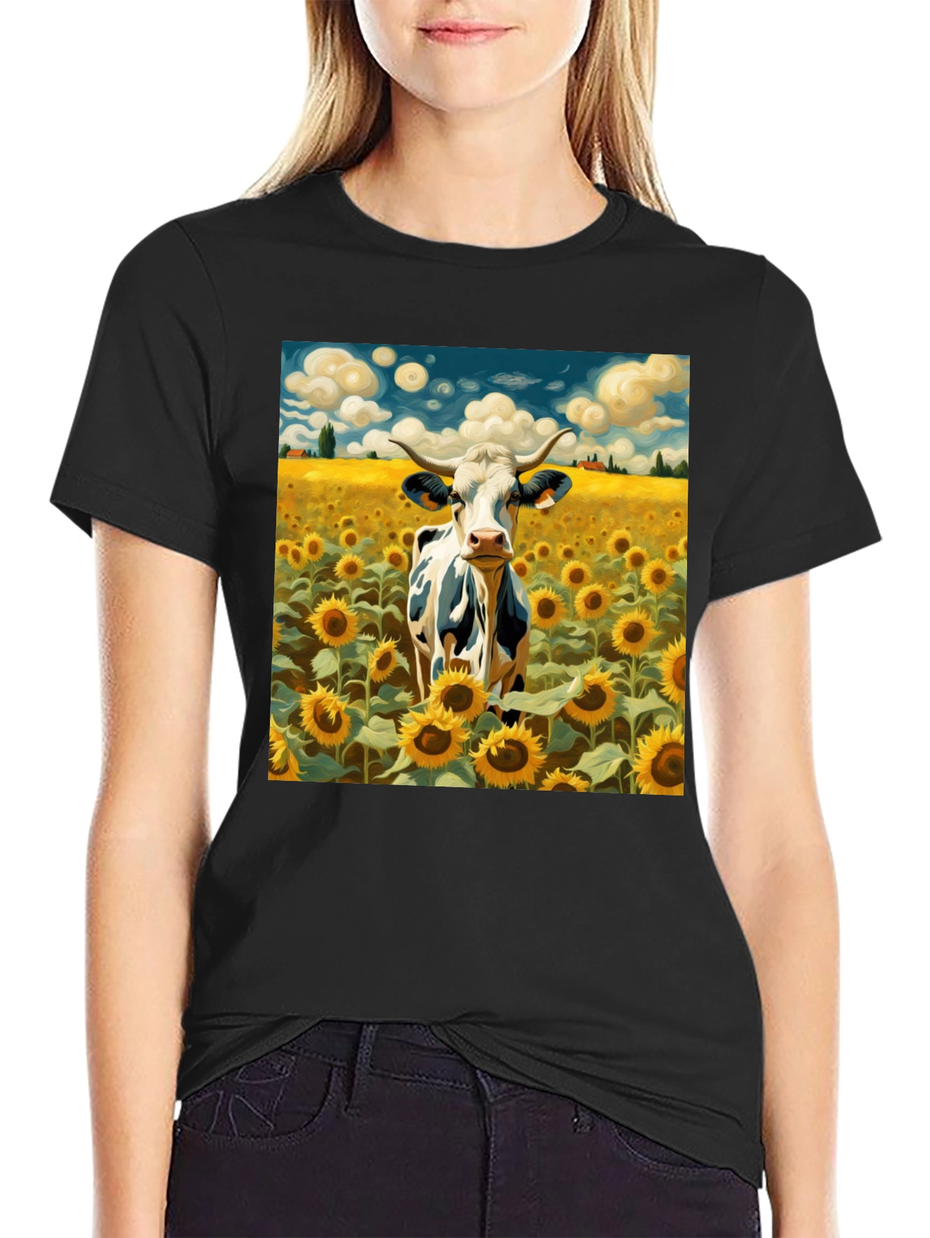 Cow in Sunflower Field Graphic Tee