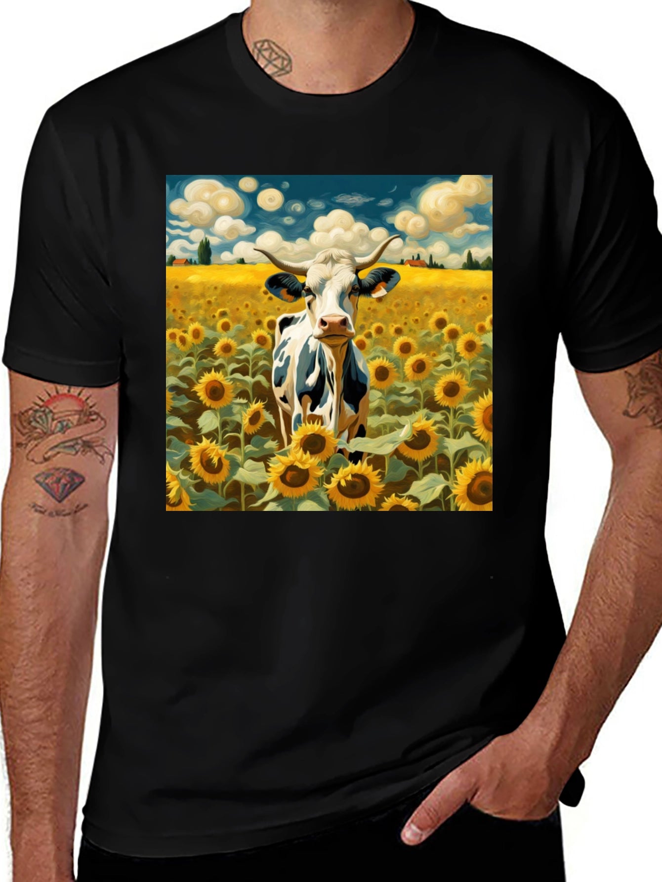 Cow in Sunflower Field Graphic Tee