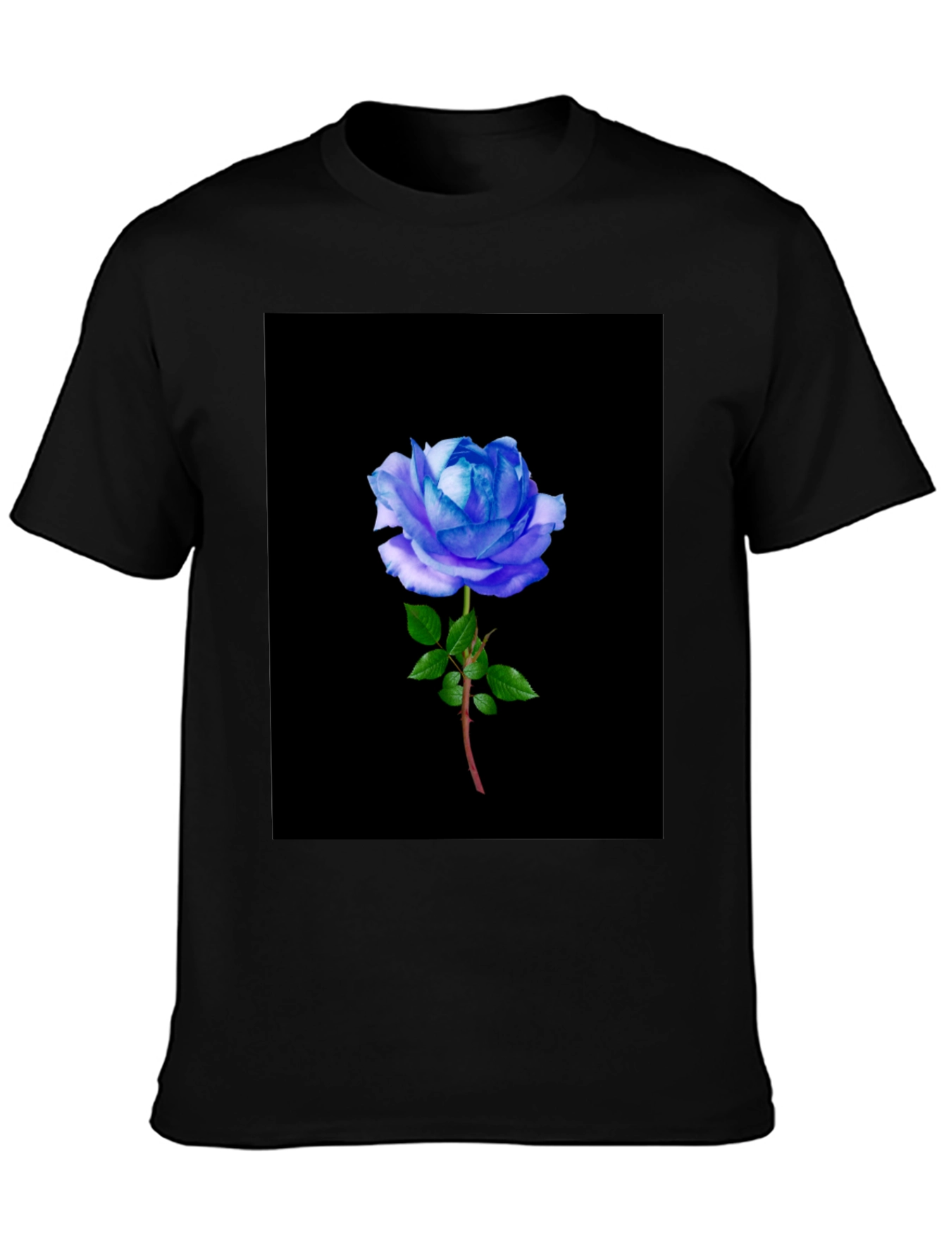 Black T-Shirt with Blue Rose Graphic