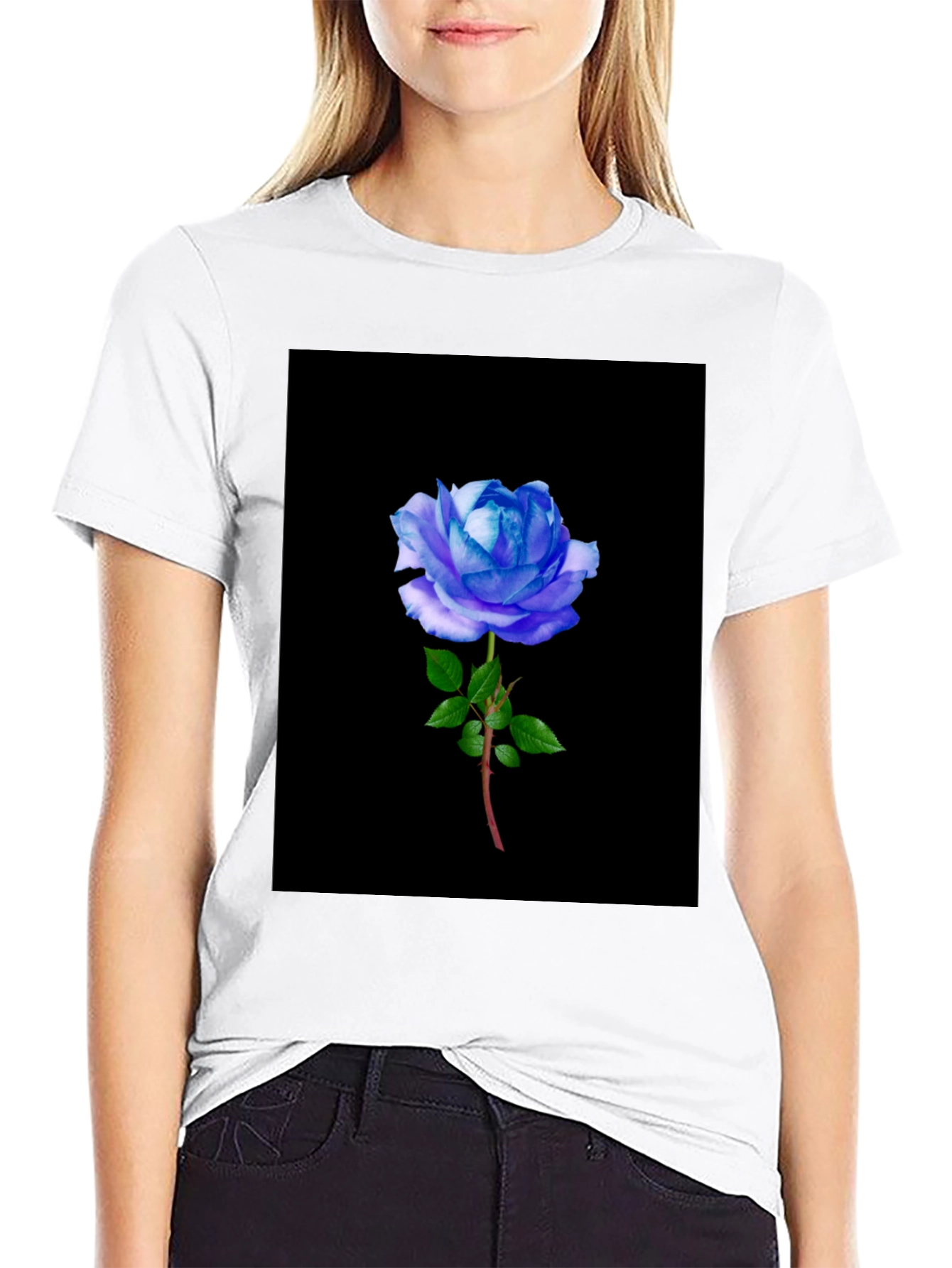 Black T-Shirt with Blue Rose Graphic