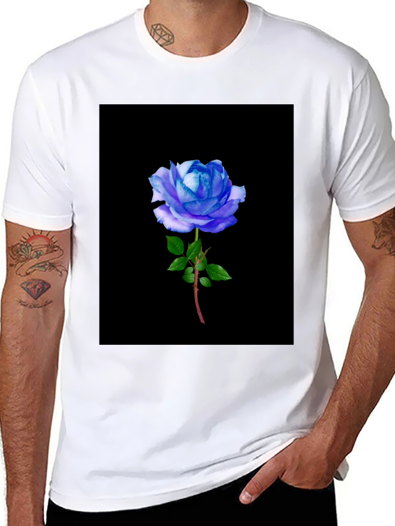 Black T-Shirt with Blue Rose Graphic