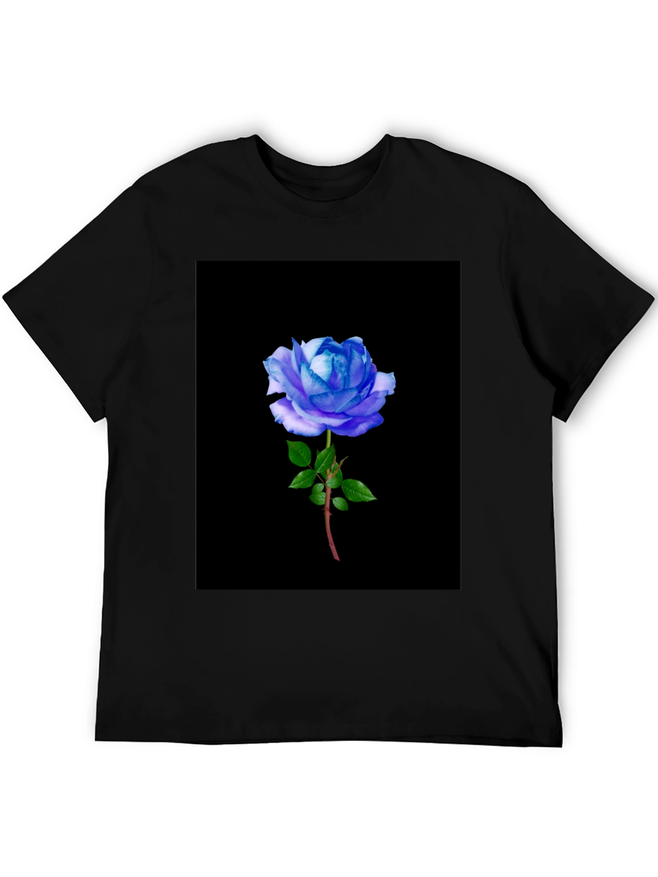 Black T-Shirt with Blue Rose Graphic
