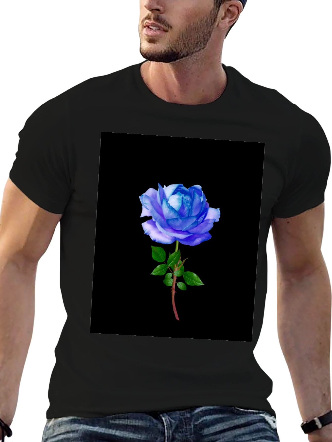 Black T-Shirt with Blue Rose Graphic