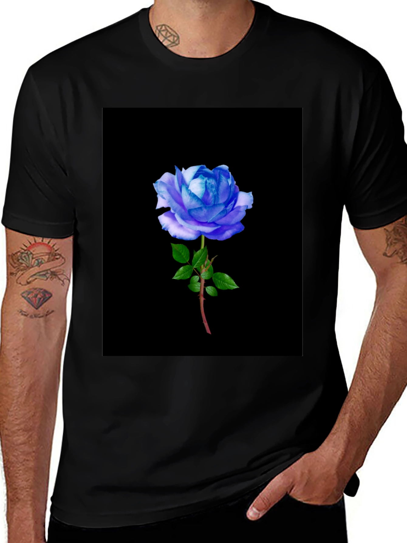 Black T-Shirt with Blue Rose Graphic