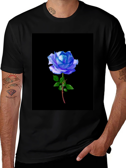 Black T-Shirt with Blue Rose Graphic